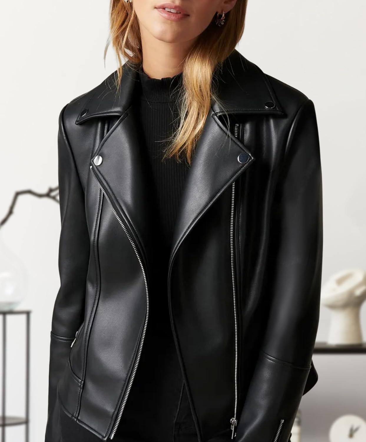 imageWomen Leather Jacket Buttery Soft Faux Leather Motorcycle Moto Biker Short Jacket Stretchy Sleeve Asymmetrical Stylish CoatBlack