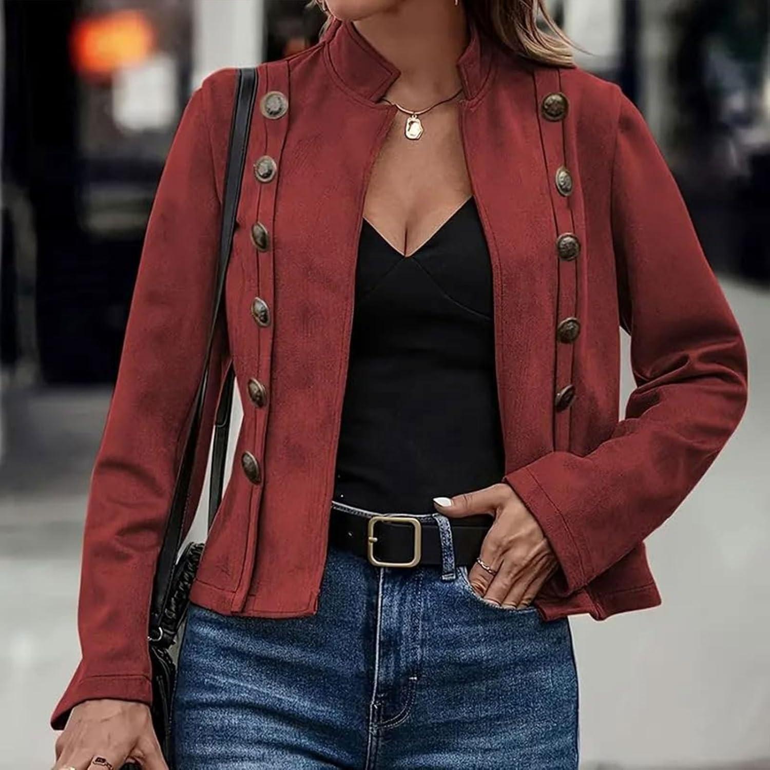 imageWomens Faux Suede Jackets Cropped Blazer 2026 Fall Casual Business Long Sleeve CoatBurgundy