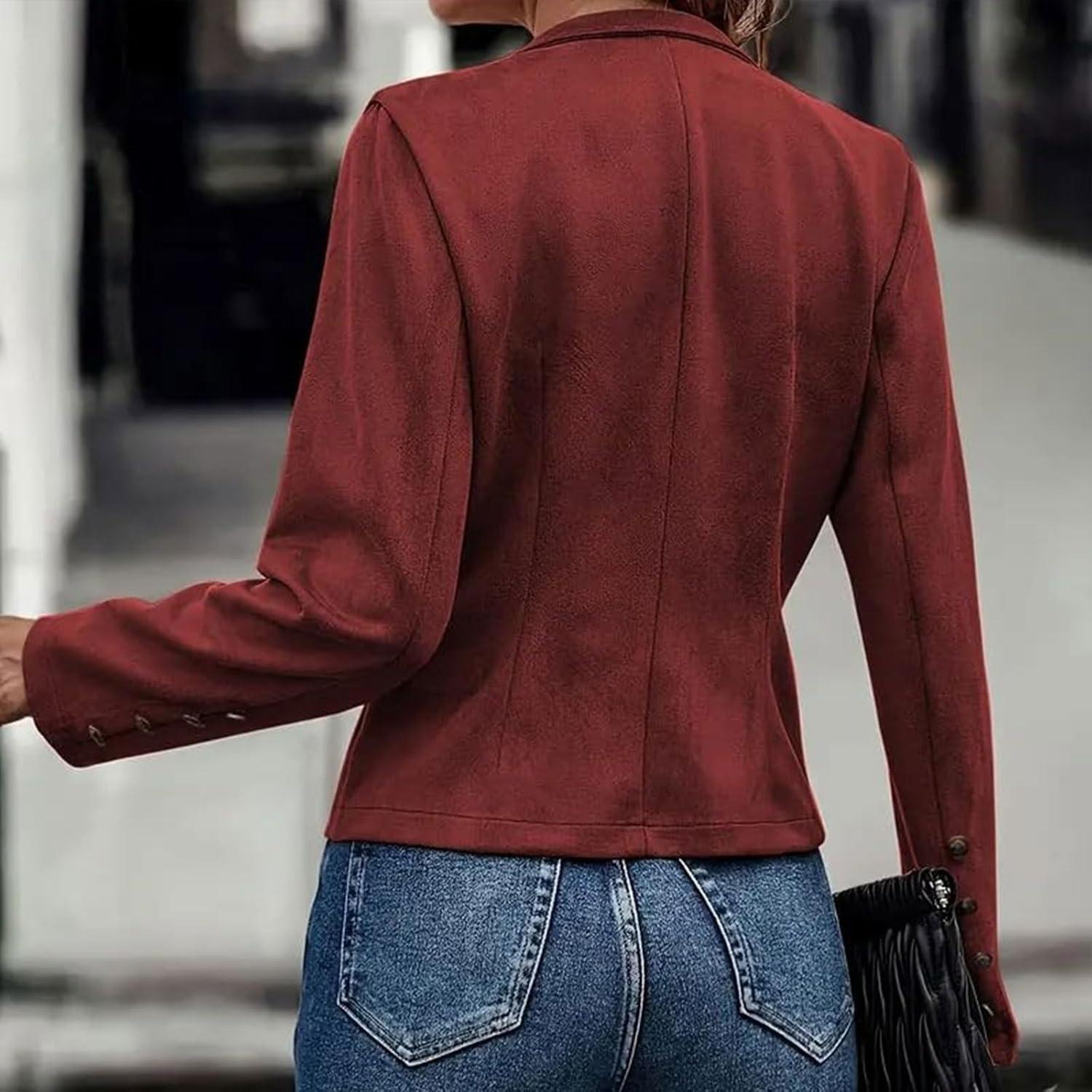 imageWomens Faux Suede Jackets Cropped Blazer 2026 Fall Casual Business Long Sleeve CoatBurgundy