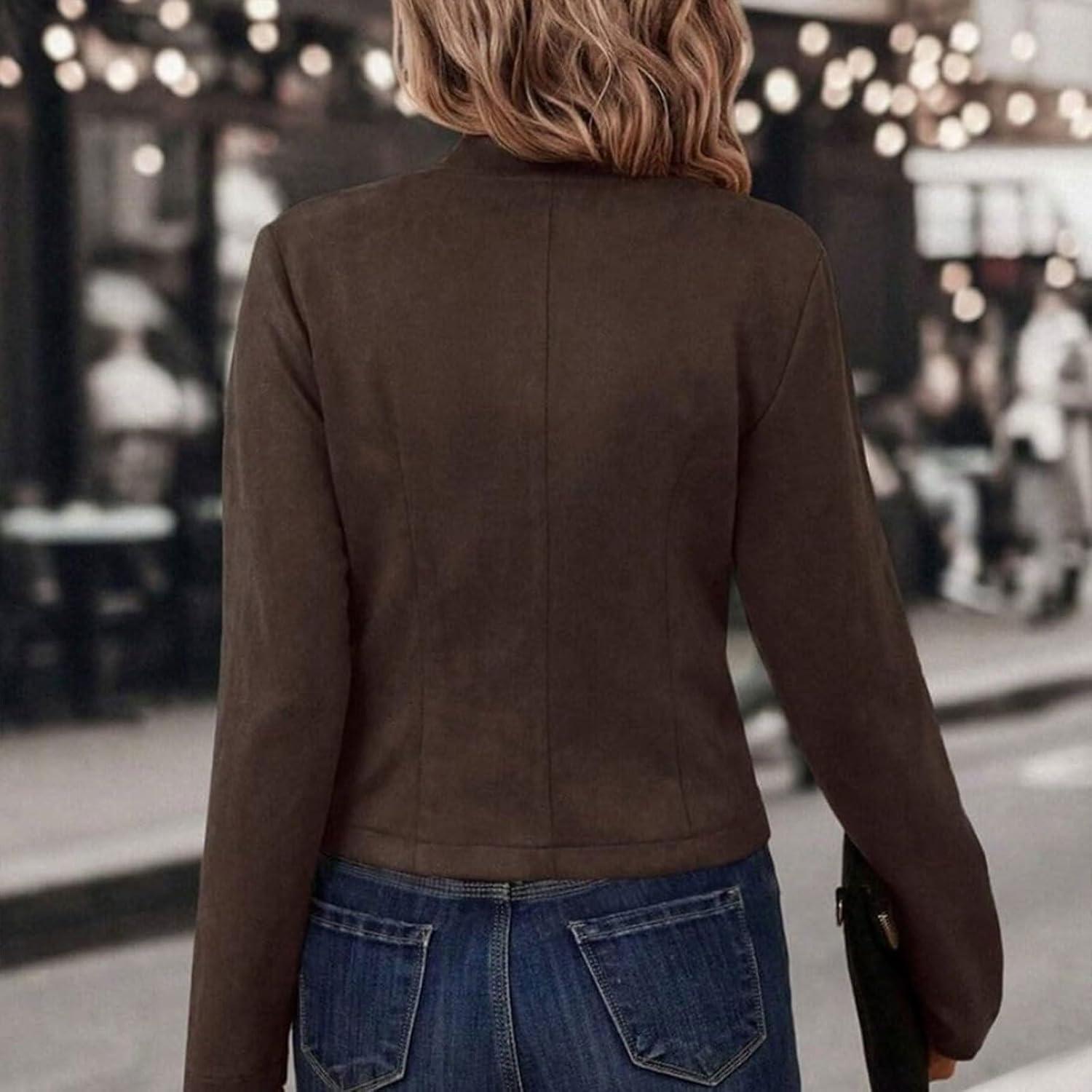 imageWomens Faux Suede Jackets Cropped Blazer 2026 Fall Casual Business Long Sleeve CoatDark Coffee
