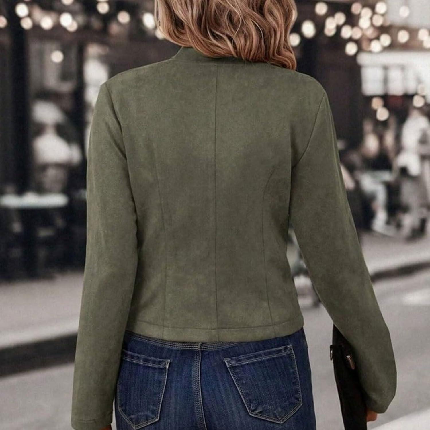 imageWomens Faux Suede Jackets Cropped Blazer 2026 Fall Casual Business Long Sleeve CoatGreen