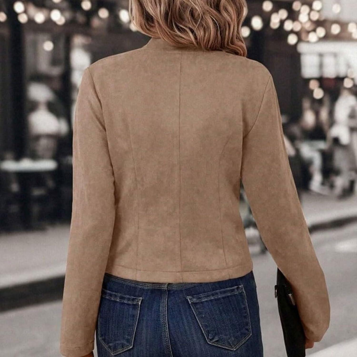 imageWomens Faux Suede Jackets Cropped Blazer 2026 Fall Casual Business Long Sleeve CoatKhaki