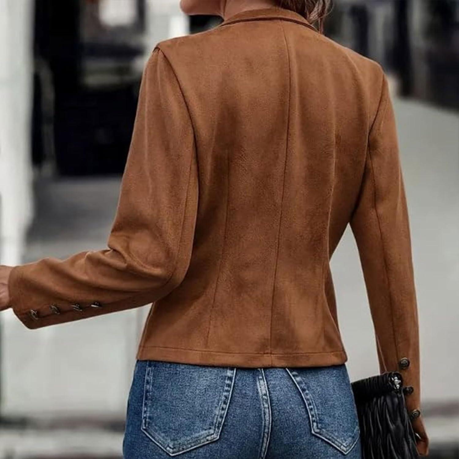 imageWomens Faux Suede Jackets Cropped Blazer 2026 Fall Casual Business Long Sleeve CoatLight Coffee