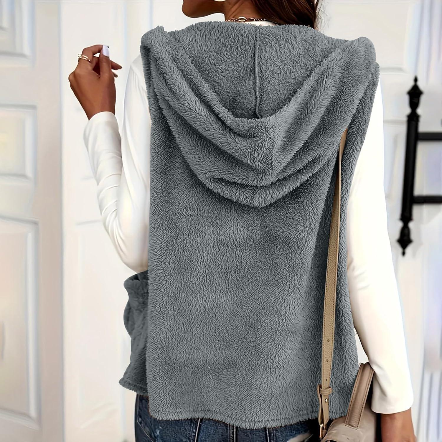 imageWomens Fuzzy Fleece Sherpa Vest Sleeveless Open Front Hooded Vests Faux Fur Warm Winter Jacket Running Vest with PocketsGray