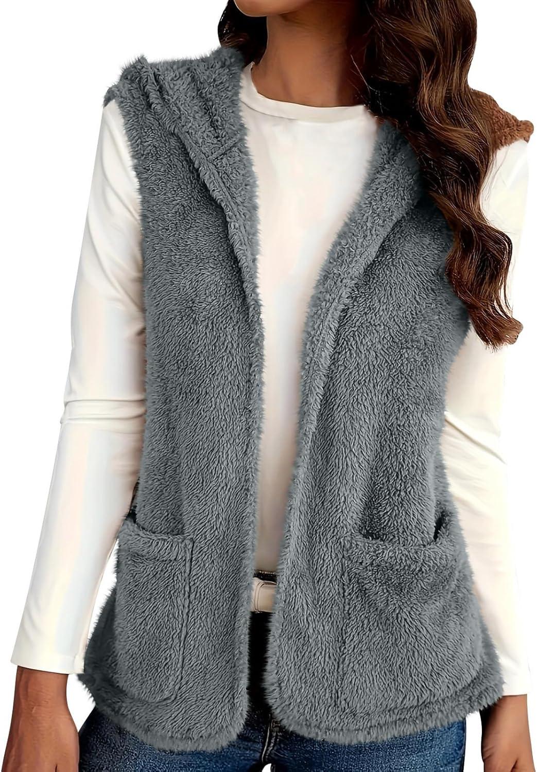 imageWomens Fuzzy Fleece Sherpa Vest Sleeveless Open Front Hooded Vests Faux Fur Warm Winter Jacket Running Vest with PocketsGray