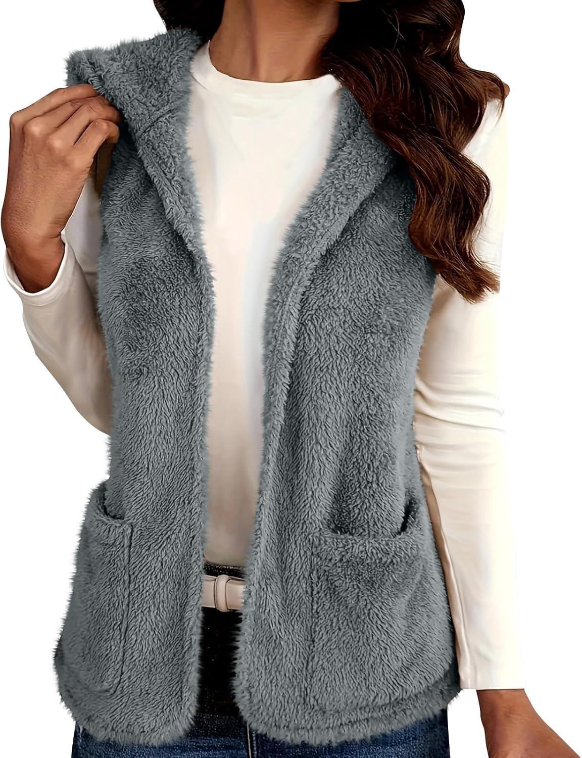 imageWomens Fuzzy Fleece Sherpa Vest Sleeveless Open Front Hooded Vests Faux Fur Warm Winter Jacket Running Vest with PocketsGray