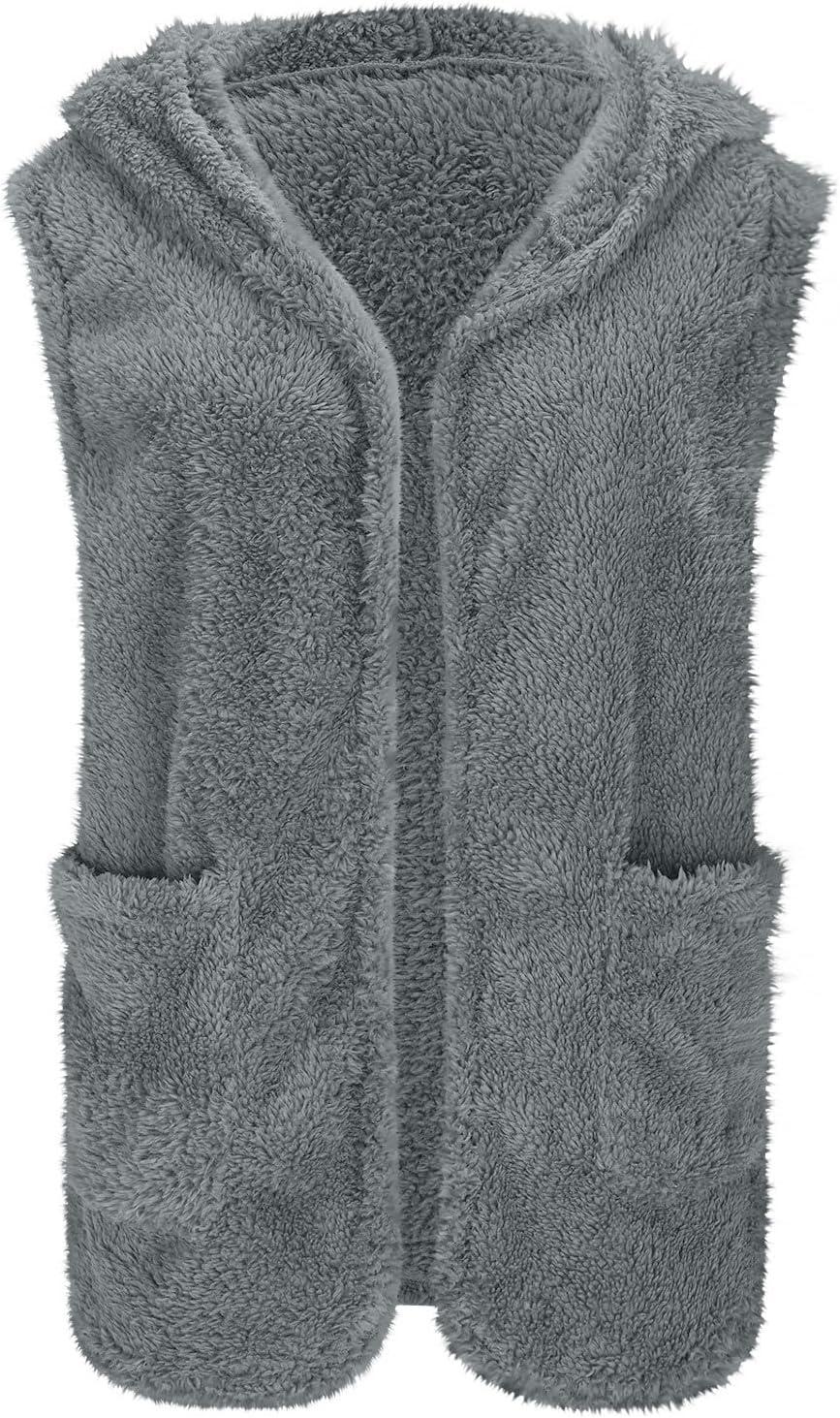 imageWomens Fuzzy Fleece Sherpa Vest Sleeveless Open Front Hooded Vests Faux Fur Warm Winter Jacket Running Vest with PocketsGray