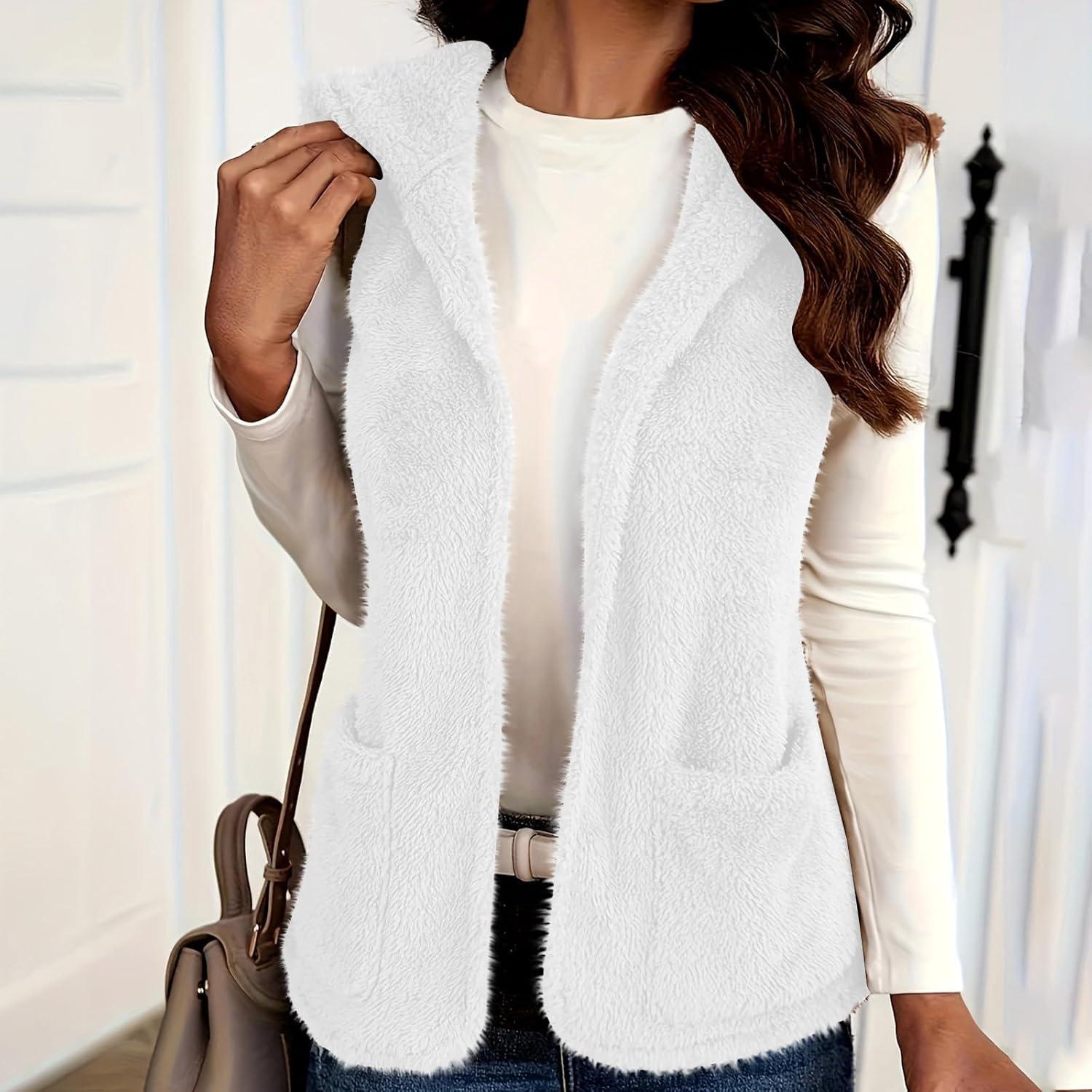 imageWomens Fuzzy Fleece Sherpa Vest Sleeveless Open Front Hooded Vests Faux Fur Warm Winter Jacket Running Vest with PocketsWhite