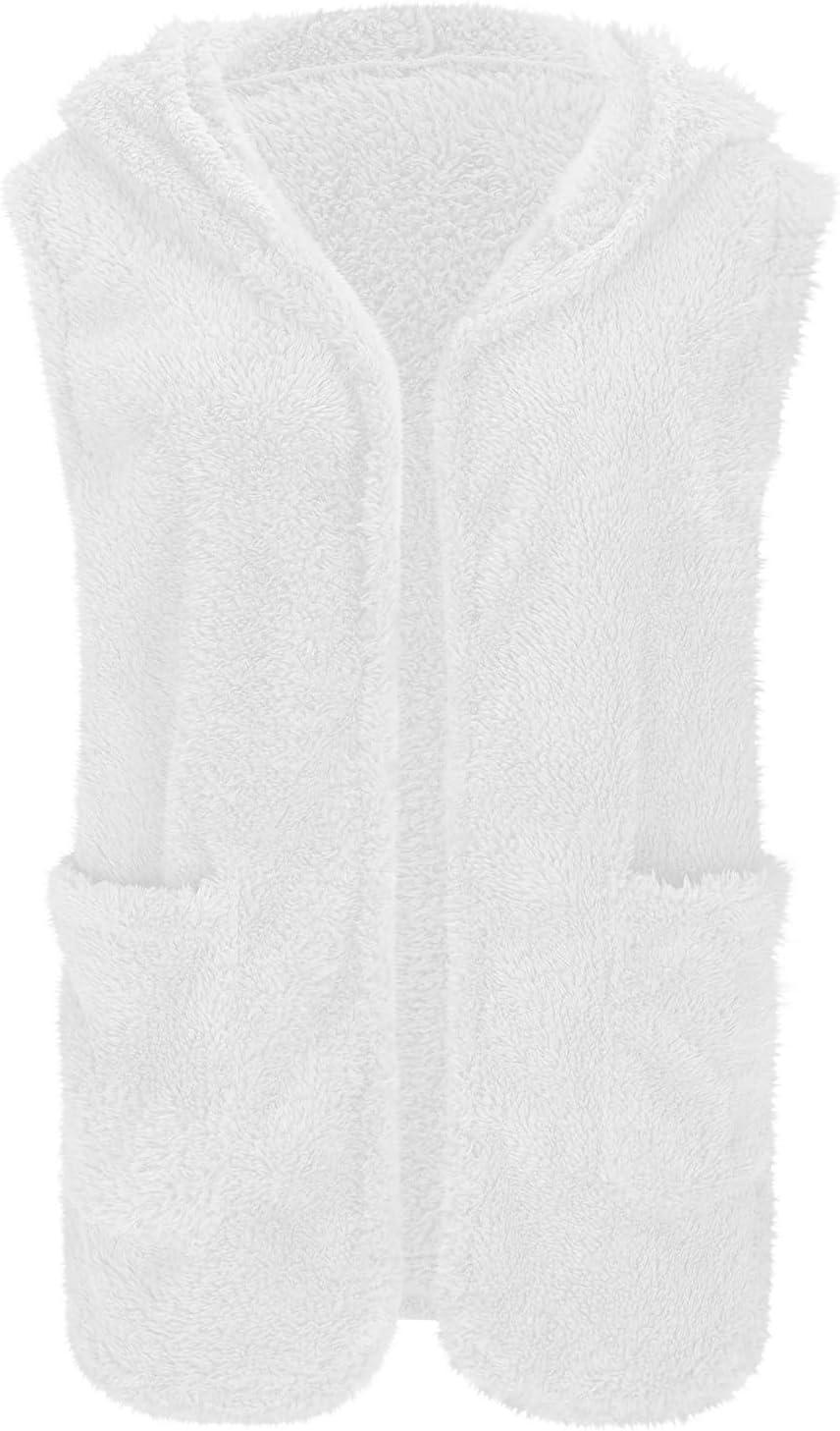 imageWomens Fuzzy Fleece Sherpa Vest Sleeveless Open Front Hooded Vests Faux Fur Warm Winter Jacket Running Vest with PocketsWhite
