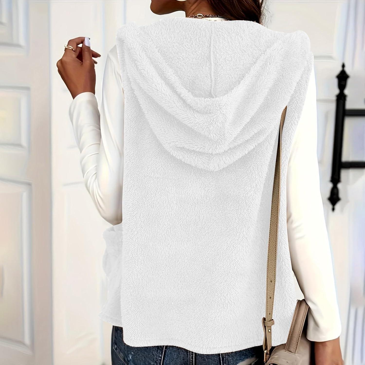 imageWomens Fuzzy Fleece Sherpa Vest Sleeveless Open Front Hooded Vests Faux Fur Warm Winter Jacket Running Vest with PocketsWhite