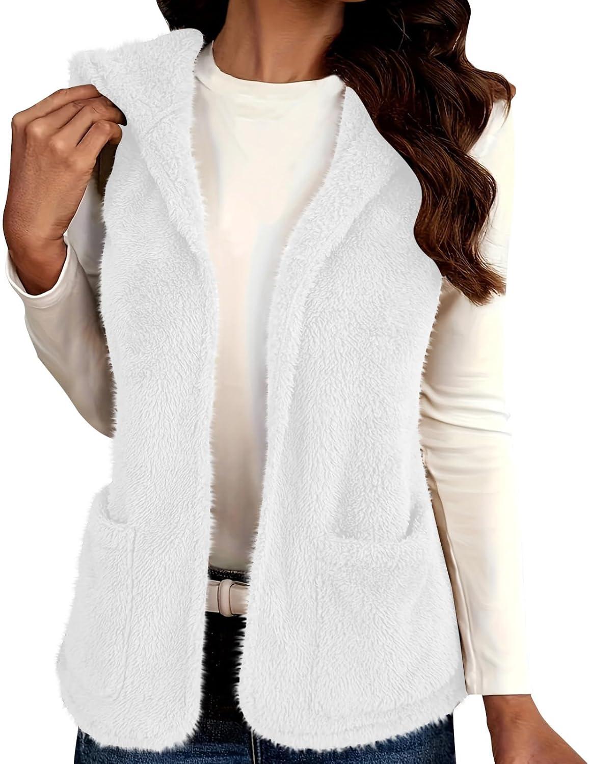 imageWomens Fuzzy Fleece Sherpa Vest Sleeveless Open Front Hooded Vests Faux Fur Warm Winter Jacket Running Vest with PocketsWhite