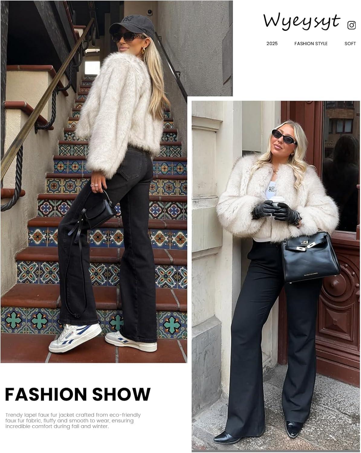 imageWyeysyt Womens Faux Fur Coat Cropped Fur Jacket Fluffy Long Sleeve Open Front Fuzzy Winter Warm OuterwearBeige