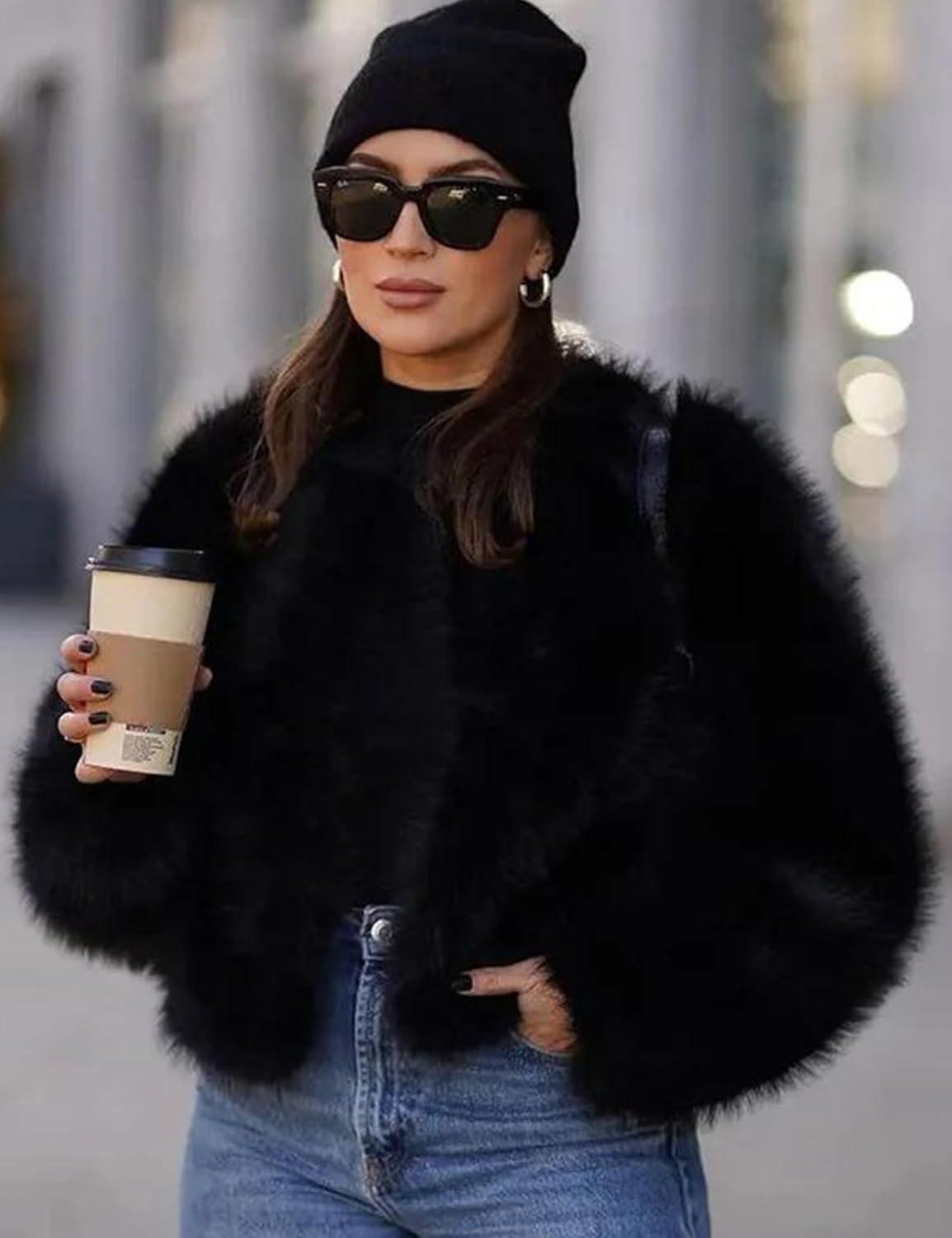 imageWyeysyt Womens Faux Fur Coat Cropped Fur Jacket Fluffy Long Sleeve Open Front Fuzzy Winter Warm OuterwearBlack