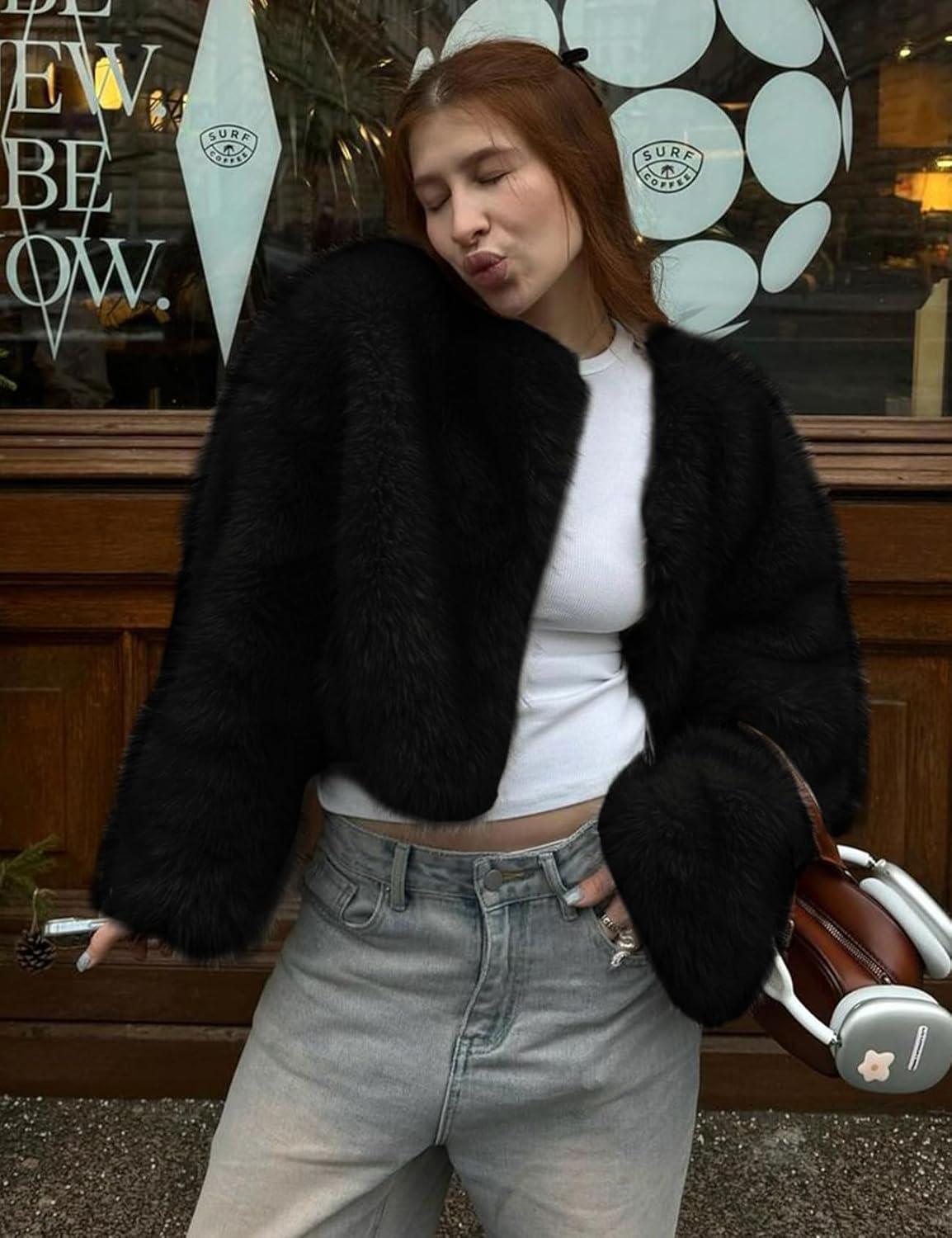 imageWyeysyt Womens Faux Fur Coat Cropped Fur Jacket Fluffy Long Sleeve Open Front Fuzzy Winter Warm OuterwearBlack