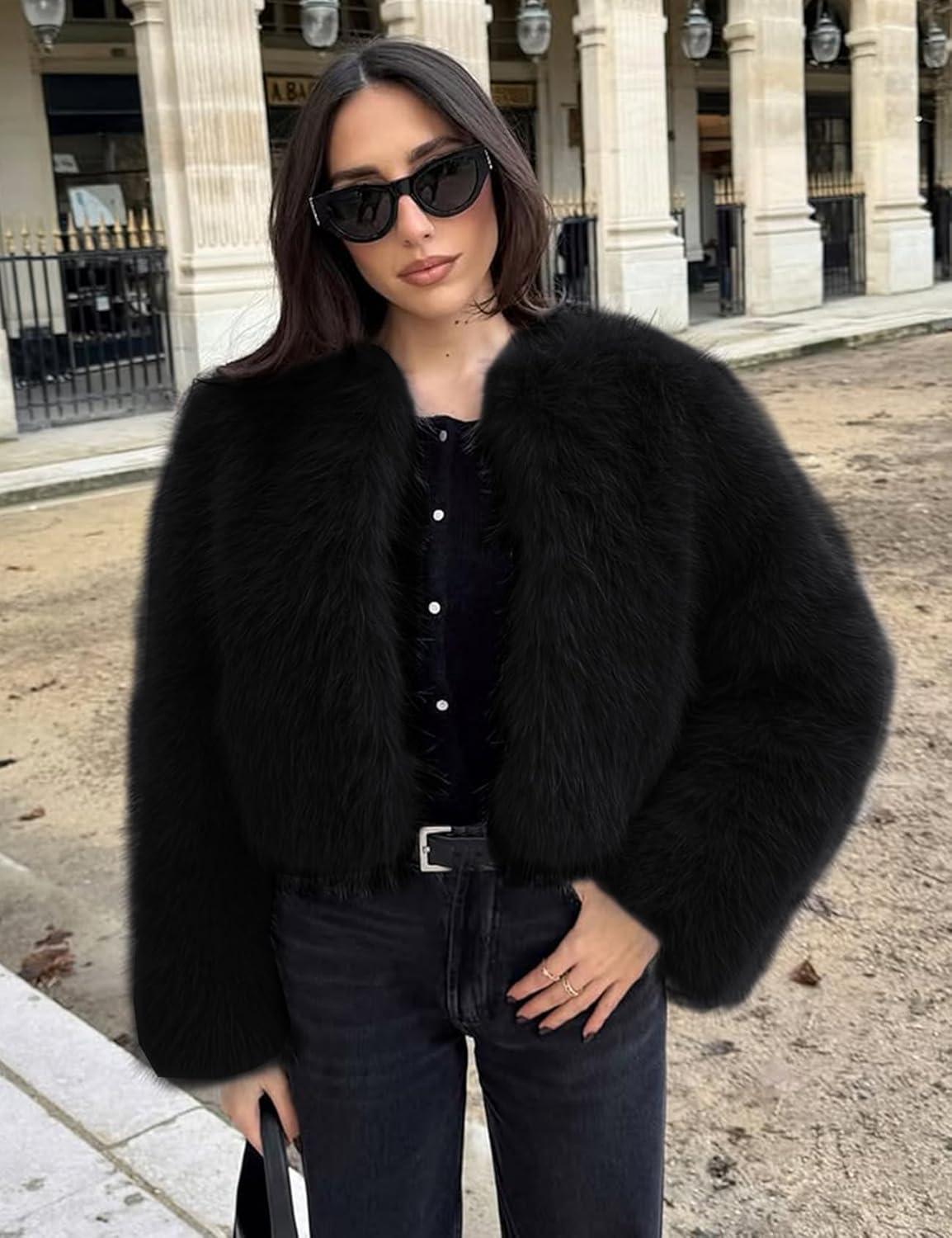 imageWyeysyt Womens Faux Fur Coat Cropped Fur Jacket Fluffy Long Sleeve Open Front Fuzzy Winter Warm OuterwearBlack