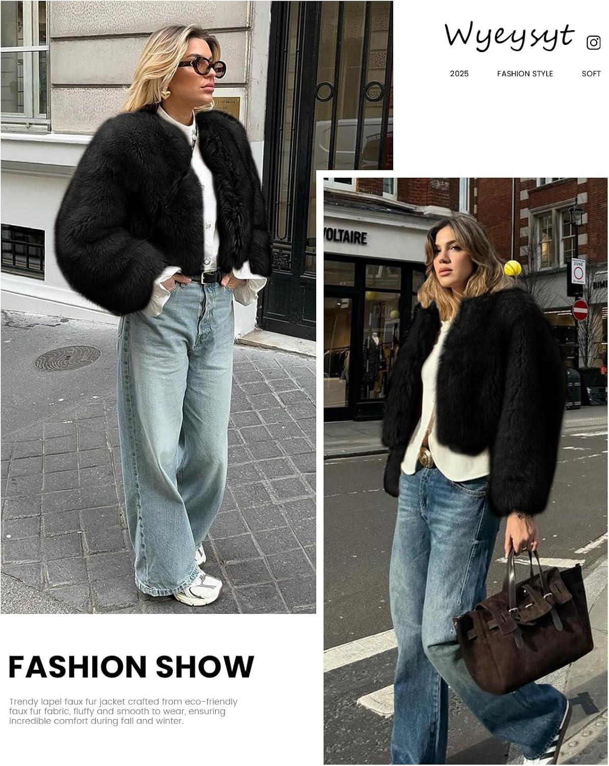imageWyeysyt Womens Faux Fur Coat Cropped Fur Jacket Fluffy Long Sleeve Open Front Fuzzy Winter Warm OuterwearBlack