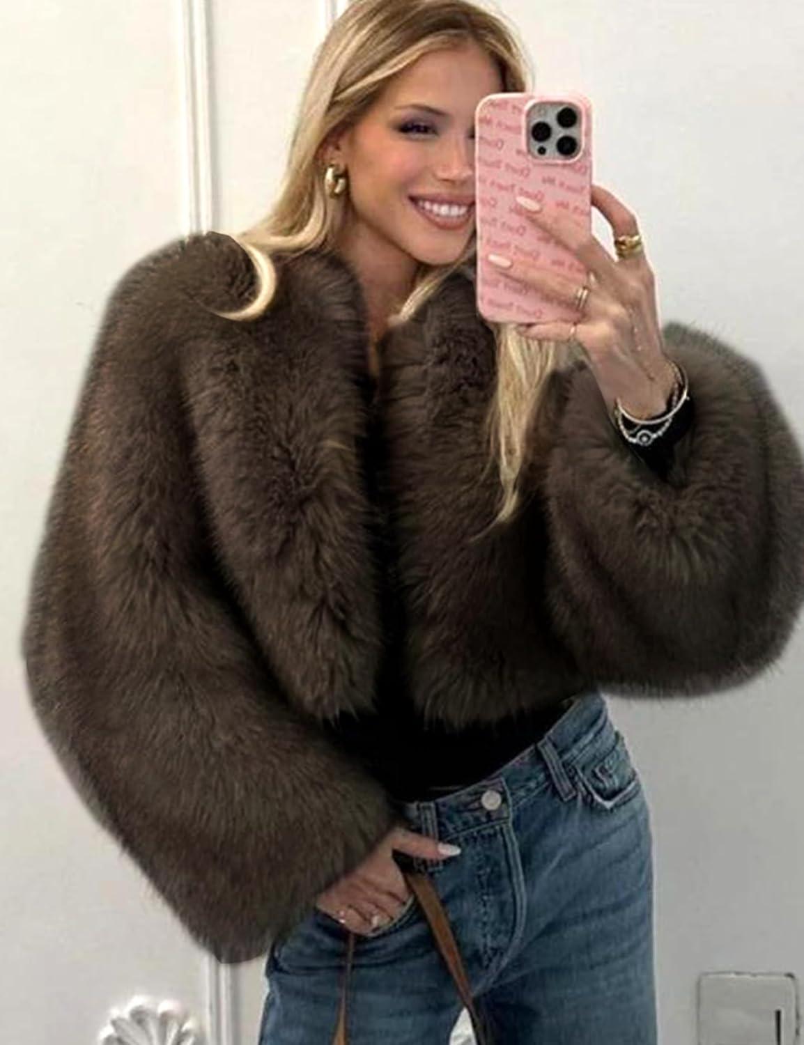 imageWyeysyt Womens Faux Fur Coat Cropped Fur Jacket Fluffy Long Sleeve Open Front Fuzzy Winter Warm OuterwearBrown