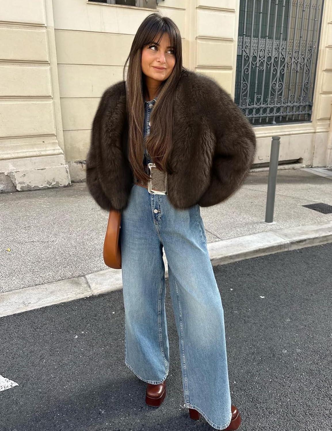 imageWyeysyt Womens Faux Fur Coat Cropped Fur Jacket Fluffy Long Sleeve Open Front Fuzzy Winter Warm OuterwearBrown