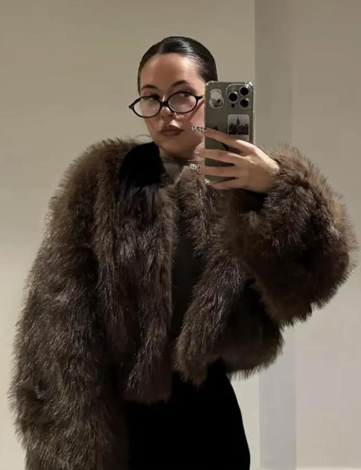 imageWyeysyt Womens Faux Fur Coat Cropped Fur Jacket Fluffy Long Sleeve Open Front Fuzzy Winter Warm OuterwearBrown