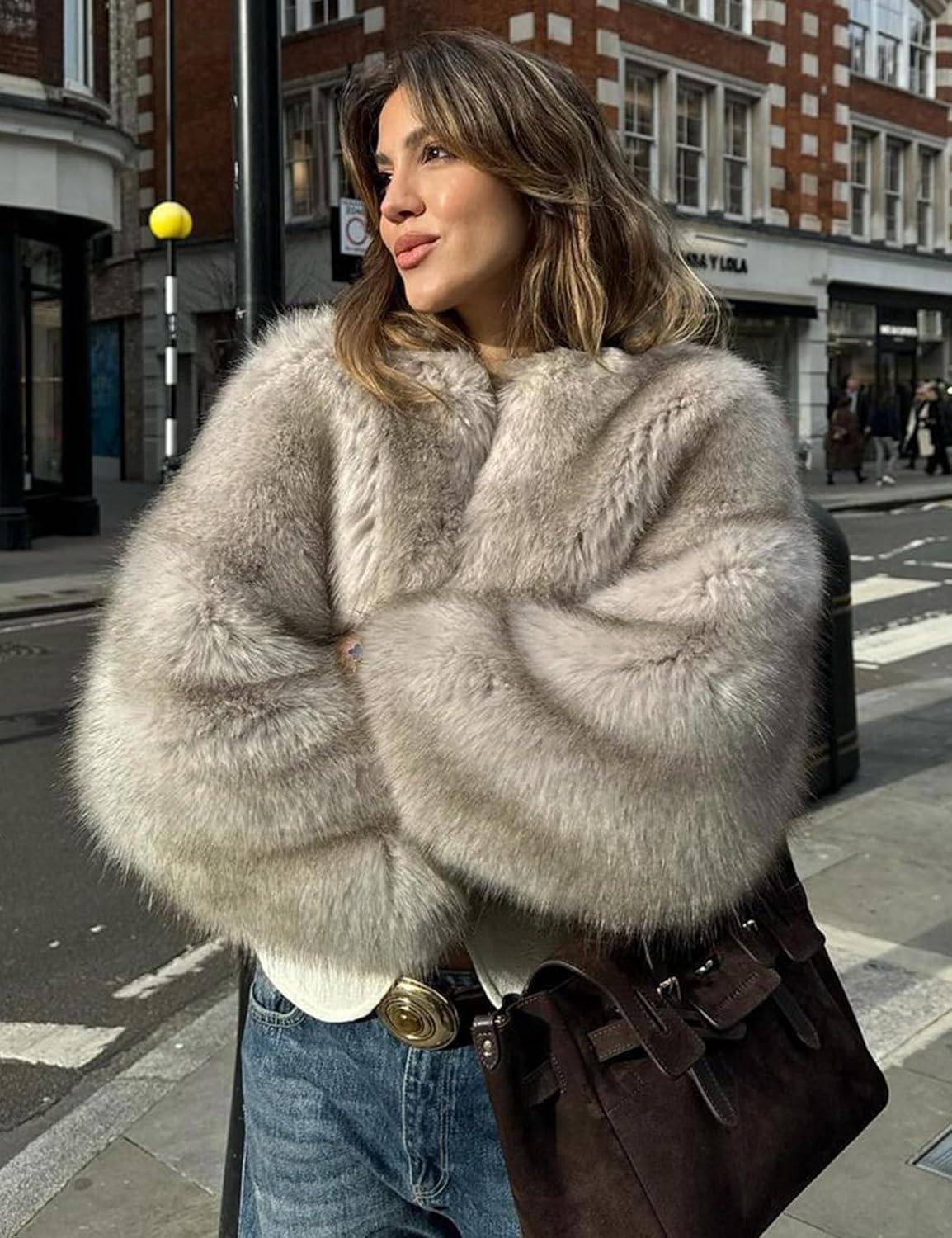 imageWyeysyt Womens Faux Fur Coat Cropped Fur Jacket Fluffy Long Sleeve Open Front Fuzzy Winter Warm OuterwearGrey