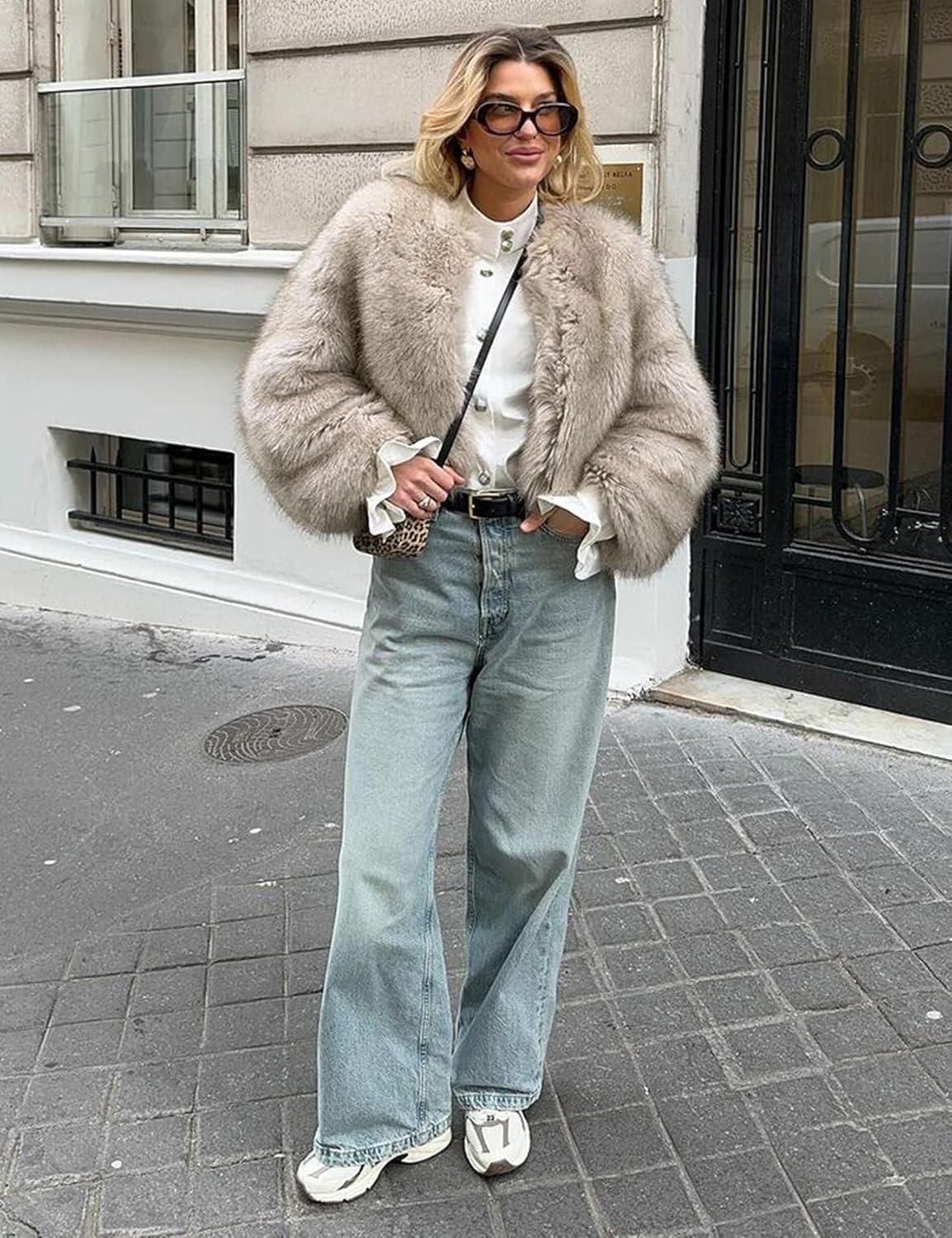 imageWyeysyt Womens Faux Fur Coat Cropped Fur Jacket Fluffy Long Sleeve Open Front Fuzzy Winter Warm OuterwearGrey