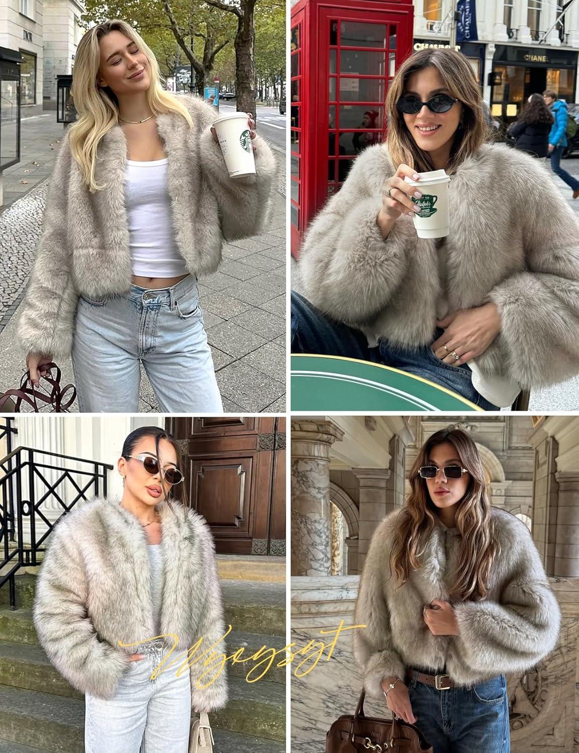 imageWyeysyt Womens Faux Fur Coat Cropped Fur Jacket Fluffy Long Sleeve Open Front Fuzzy Winter Warm OuterwearGrey
