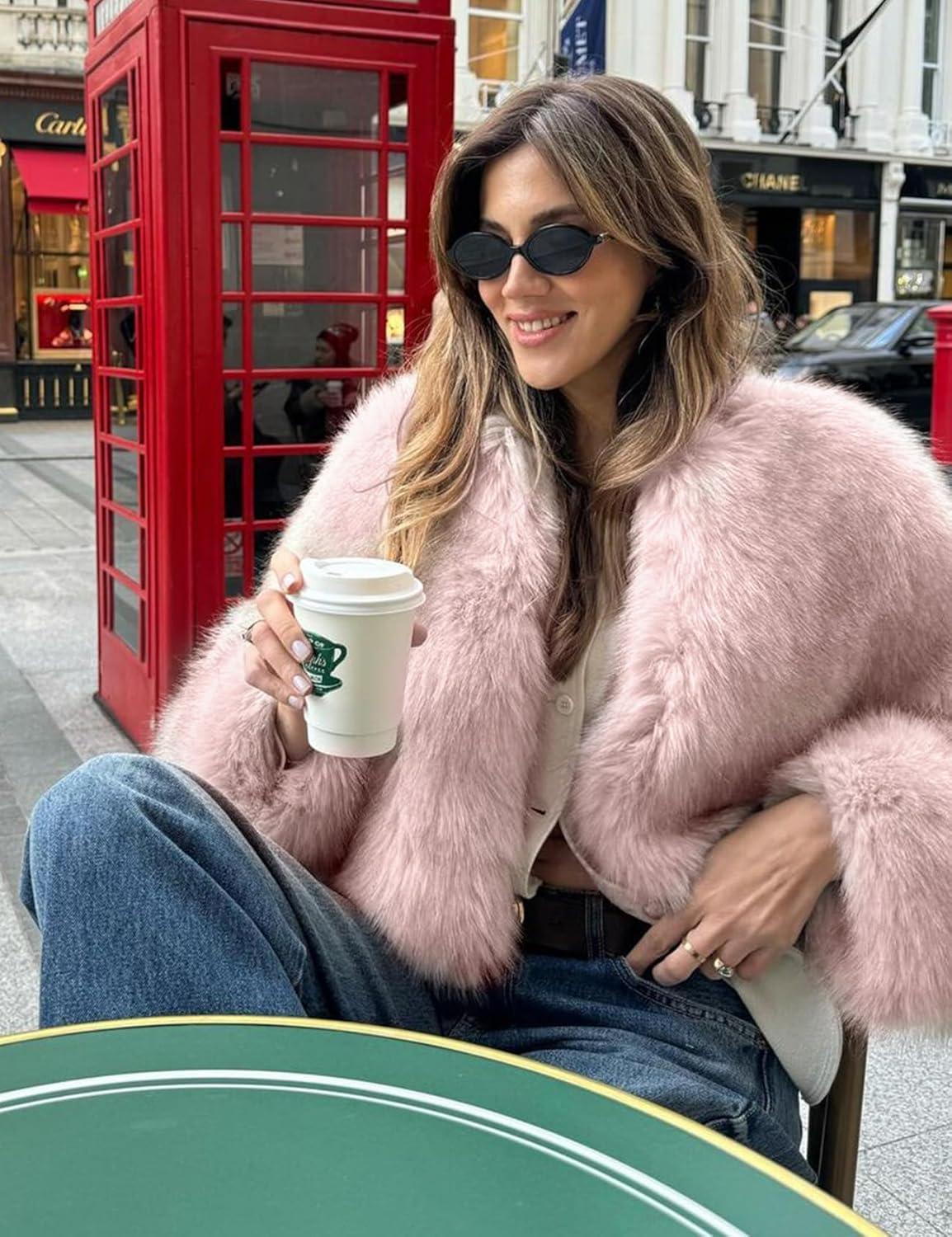 imageWyeysyt Womens Faux Fur Coat Cropped Fur Jacket Fluffy Long Sleeve Open Front Fuzzy Winter Warm OuterwearPink