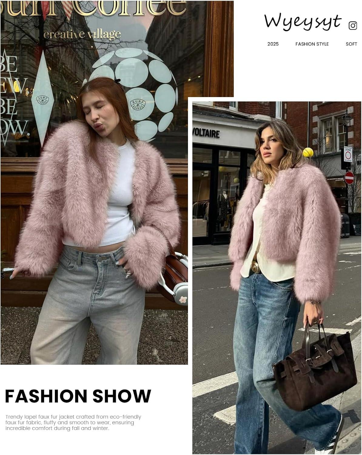 imageWyeysyt Womens Faux Fur Coat Cropped Fur Jacket Fluffy Long Sleeve Open Front Fuzzy Winter Warm OuterwearPink