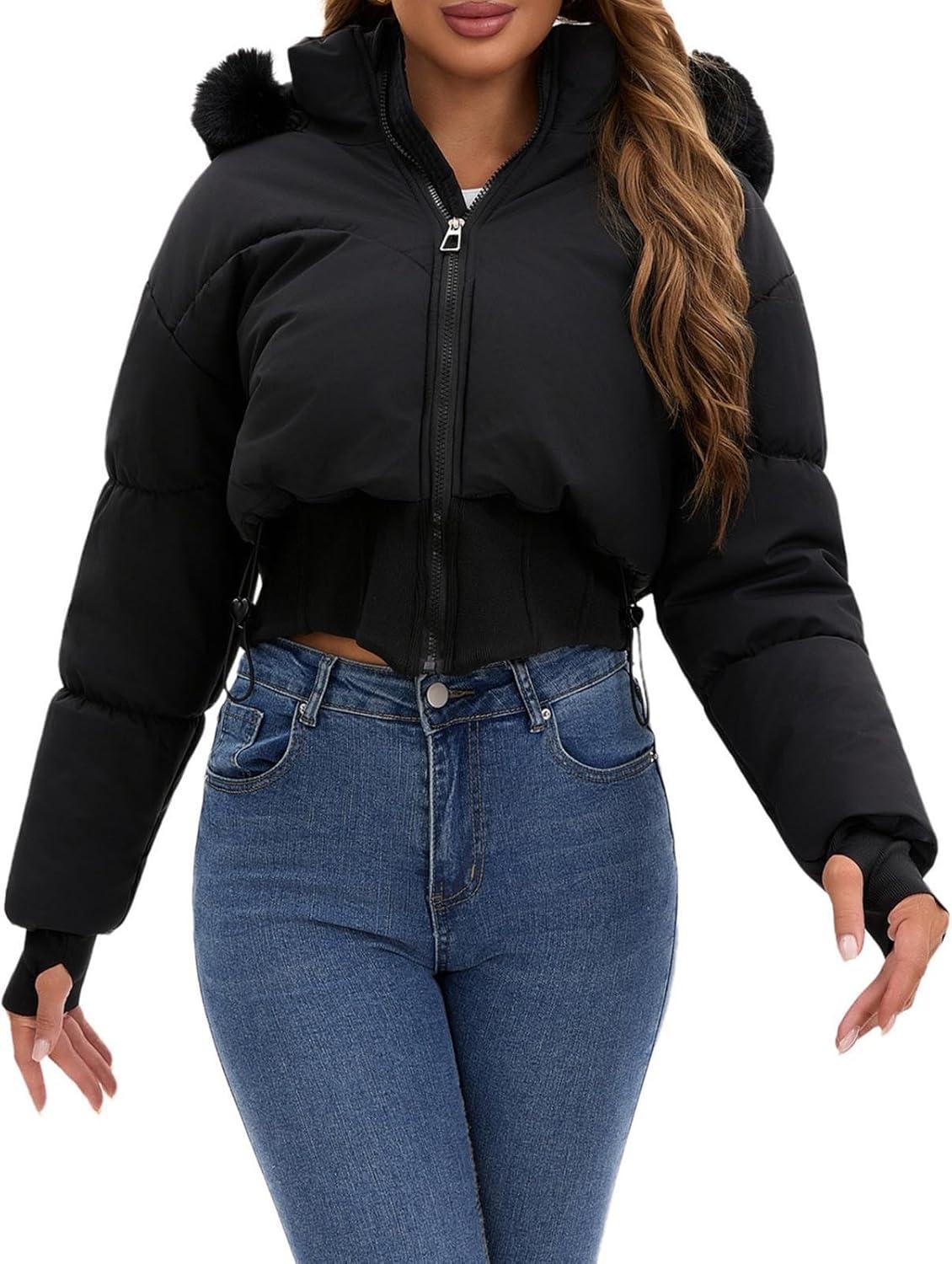 imagebawilom Womens Winter Cropped Puffer Jacket Long Sleeve Oversized Stand Collar ZipUp Short Coats with Faux Fur Hood OutwearBlack