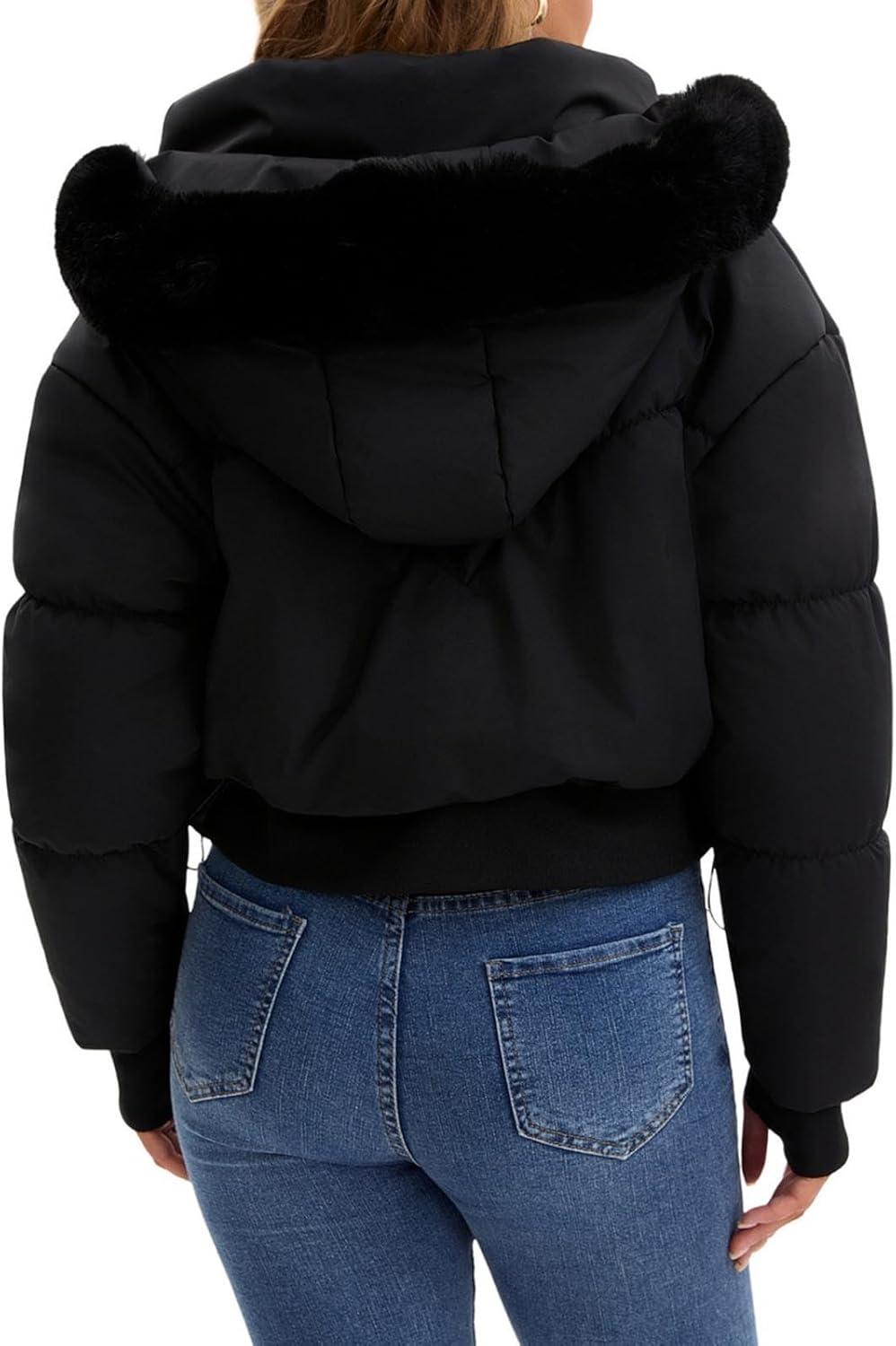 imagebawilom Womens Winter Cropped Puffer Jacket Long Sleeve Oversized Stand Collar ZipUp Short Coats with Faux Fur Hood OutwearBlack