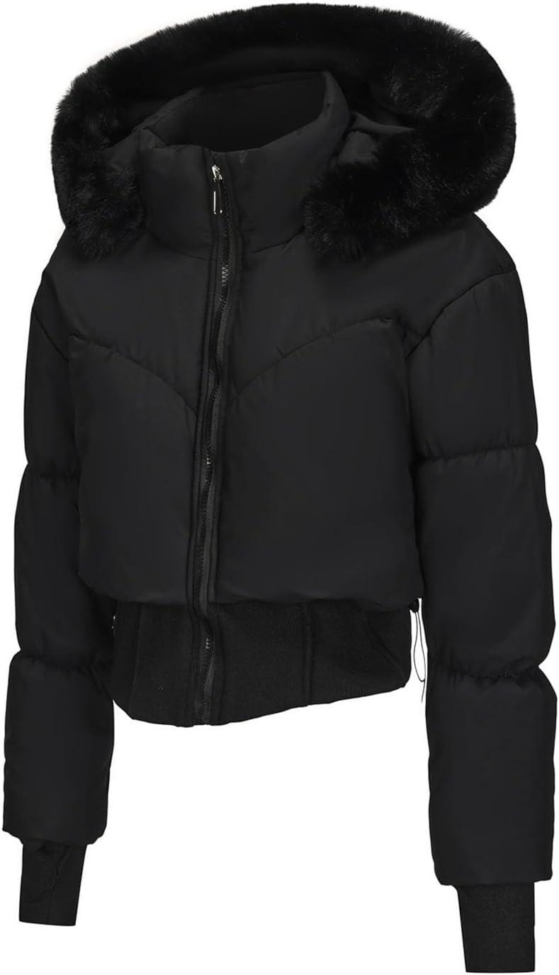 imagebawilom Womens Winter Cropped Puffer Jacket Long Sleeve Oversized Stand Collar ZipUp Short Coats with Faux Fur Hood OutwearBlack