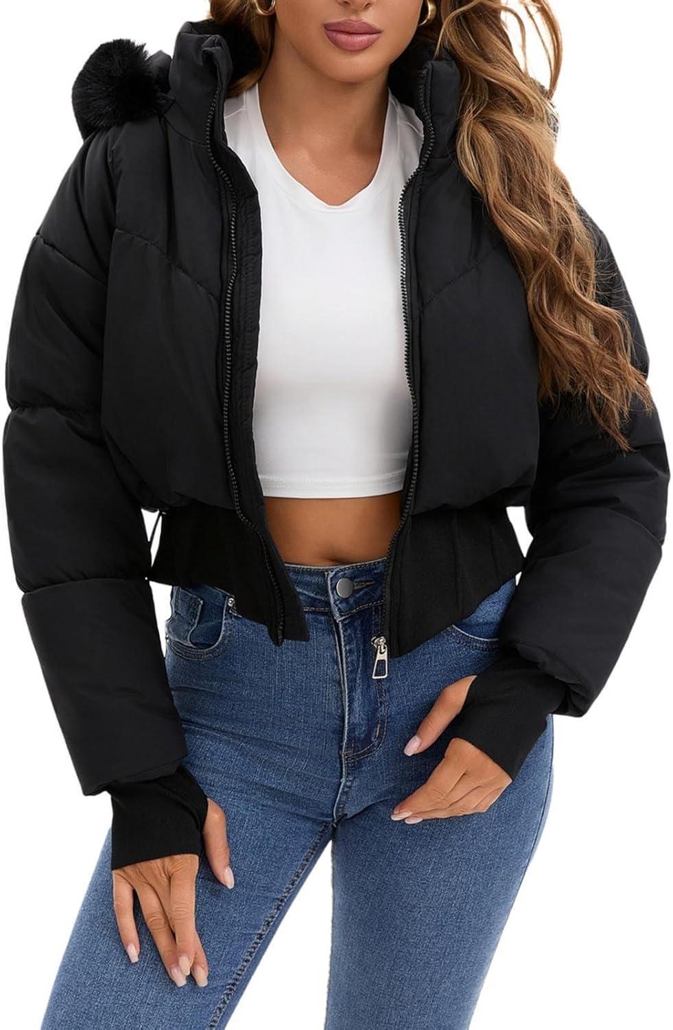 imagebawilom Womens Winter Cropped Puffer Jacket Long Sleeve Oversized Stand Collar ZipUp Short Coats with Faux Fur Hood OutwearBlack