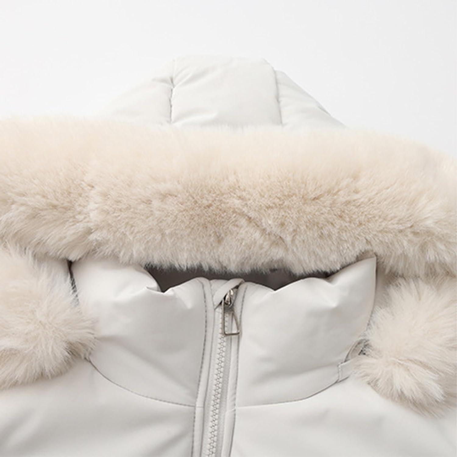 imagebawilom Womens Winter Cropped Puffer Jacket Long Sleeve Oversized Stand Collar ZipUp Short Coats with Faux Fur Hood OutwearWhite