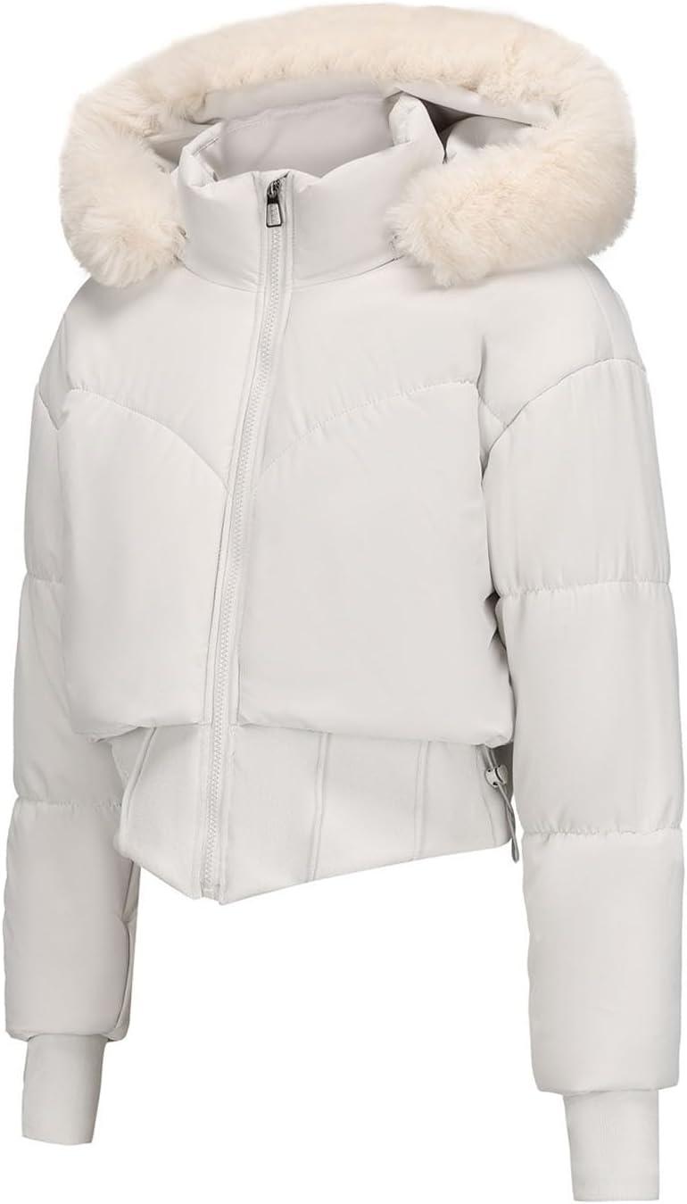 imagebawilom Womens Winter Cropped Puffer Jacket Long Sleeve Oversized Stand Collar ZipUp Short Coats with Faux Fur Hood OutwearWhite