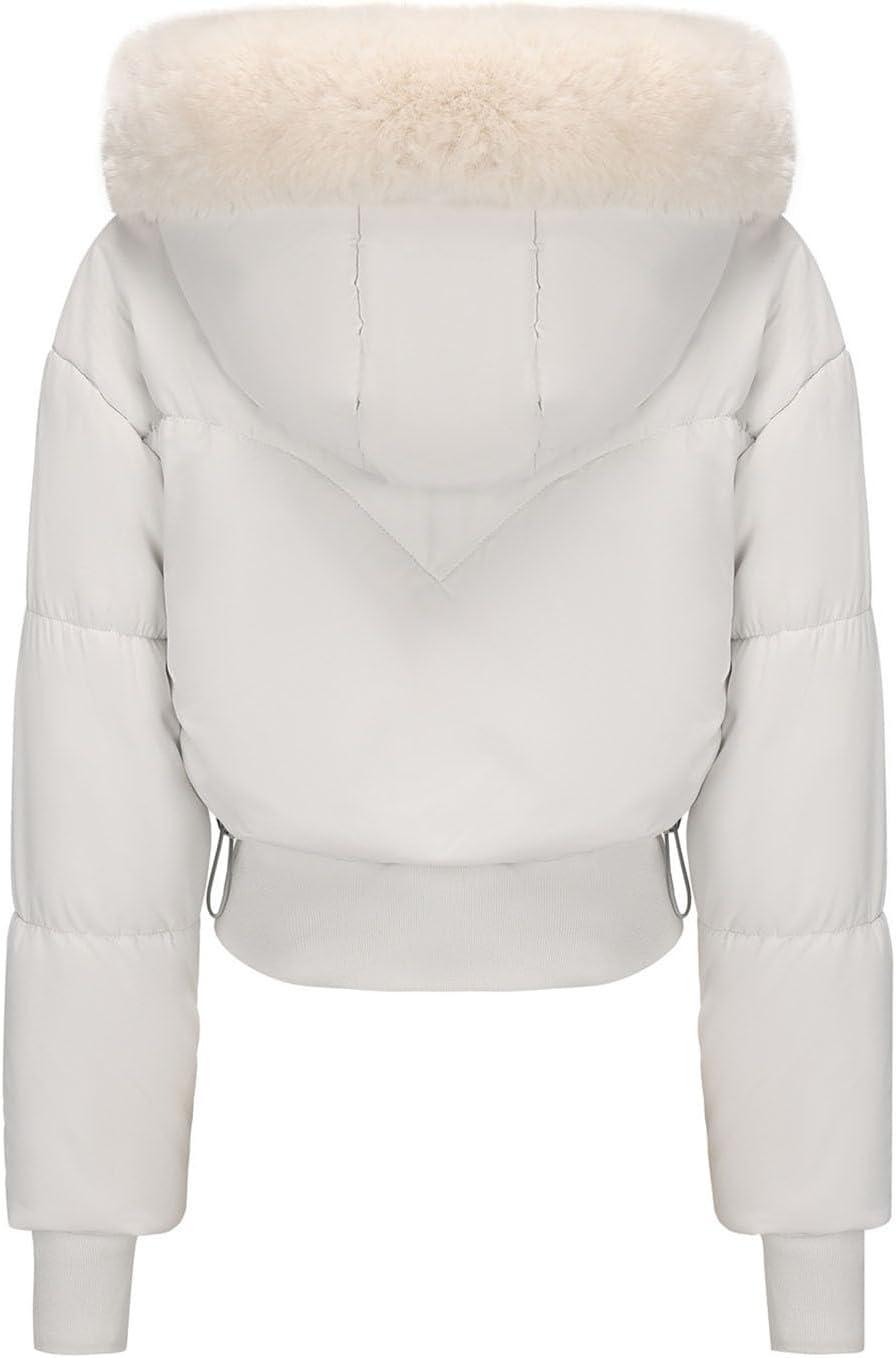imagebawilom Womens Winter Cropped Puffer Jacket Long Sleeve Oversized Stand Collar ZipUp Short Coats with Faux Fur Hood OutwearWhite
