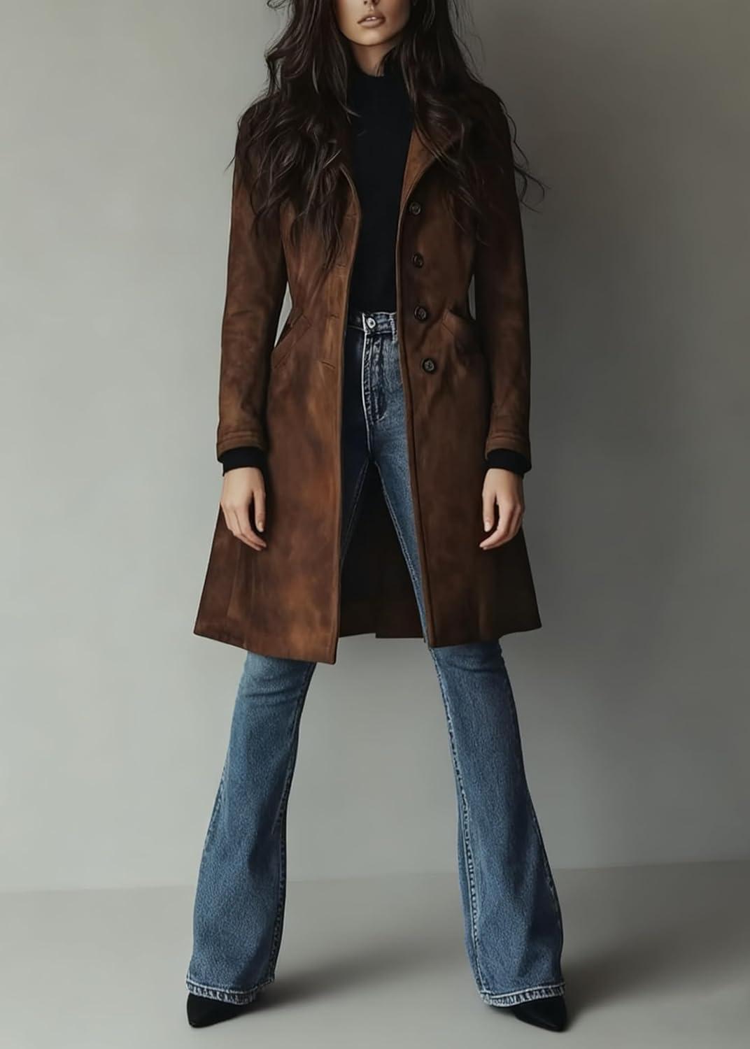 imagechouyatou Womens Fall Faux Suede Leather Trench Coat Casual Lapel Midi Long Dressy Blazer Jacket Coat with PocketsCoffee Brown
