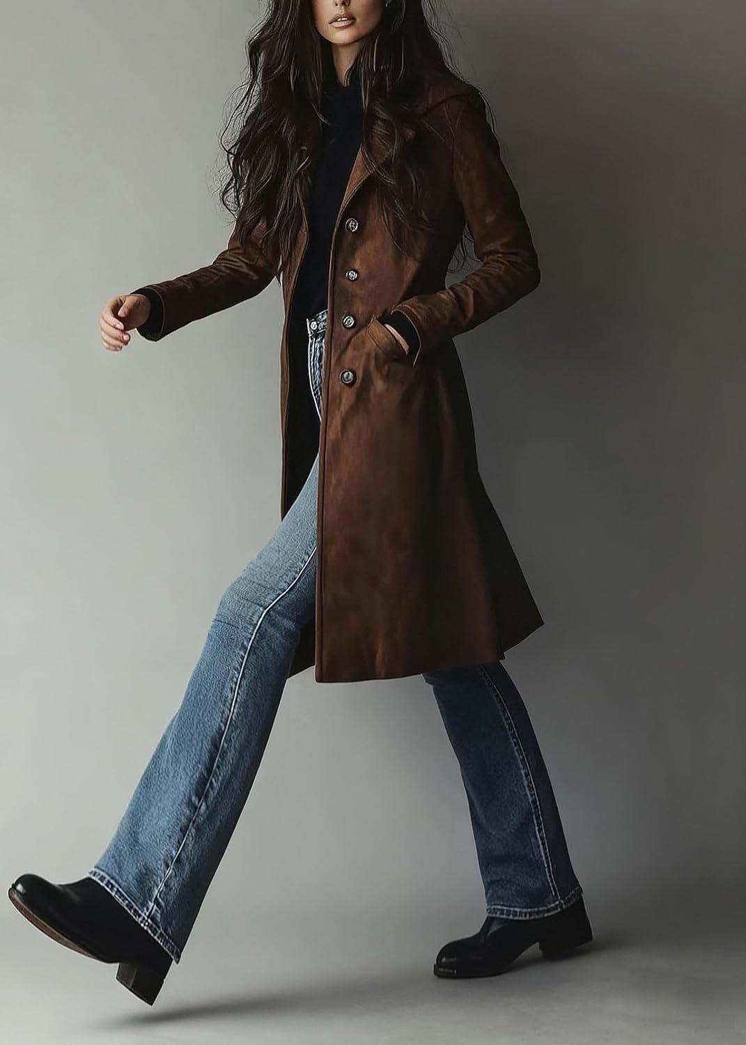 imagechouyatou Womens Fall Faux Suede Leather Trench Coat Casual Lapel Midi Long Dressy Blazer Jacket Coat with PocketsCoffee Brown