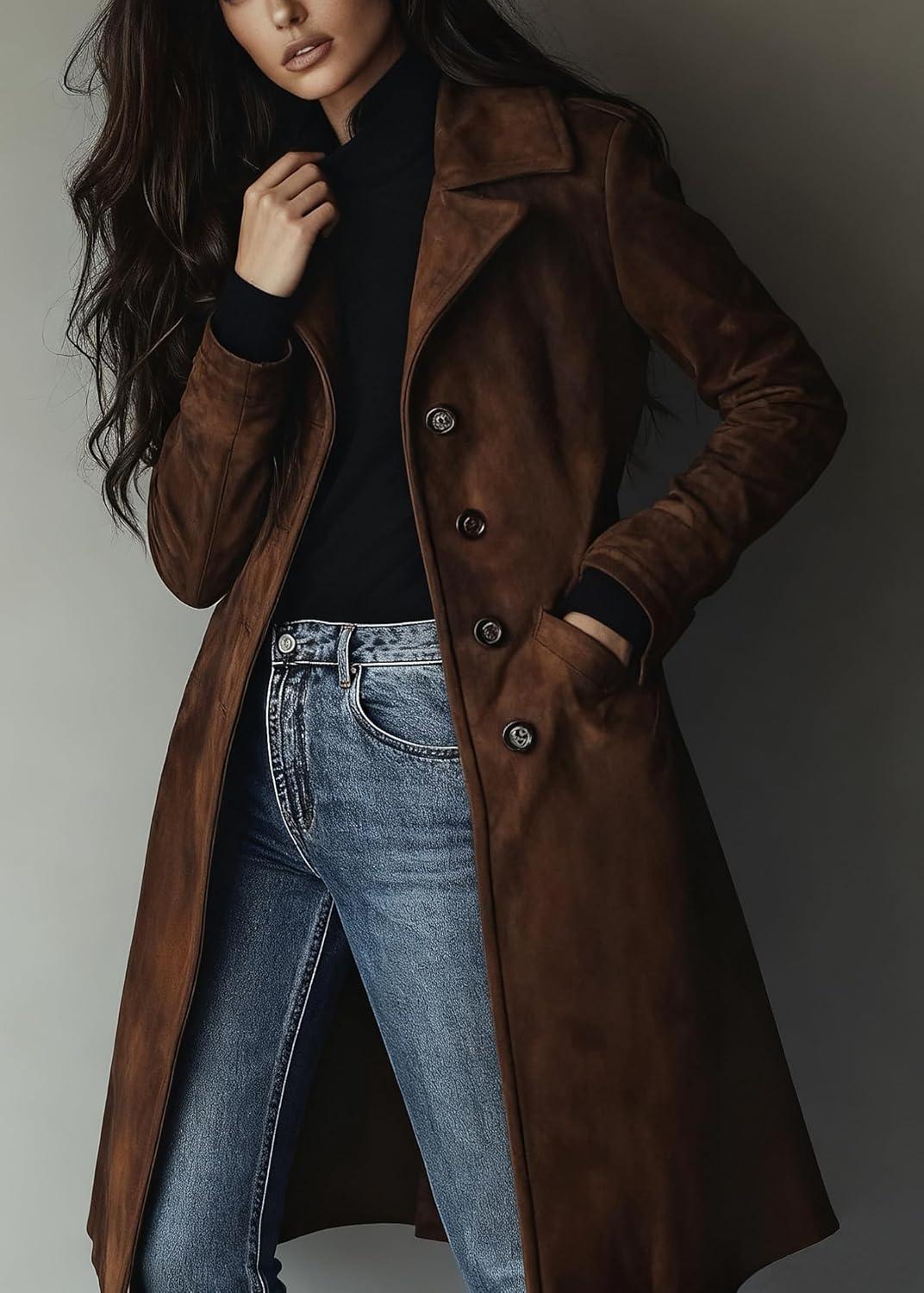 imagechouyatou Womens Fall Faux Suede Leather Trench Coat Casual Lapel Midi Long Dressy Blazer Jacket Coat with PocketsCoffee Brown