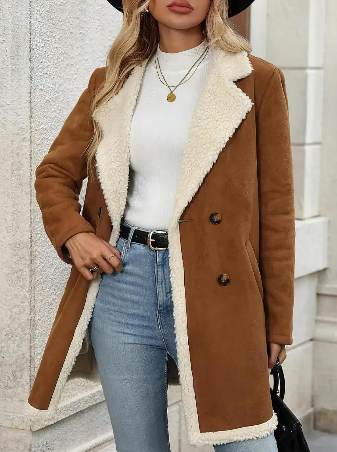 imagechouyatou Womens Winter Notch Lapel Double Breasted Peacoat Sherpa Fleece Lined Faux Suede Jacket CoatBrown