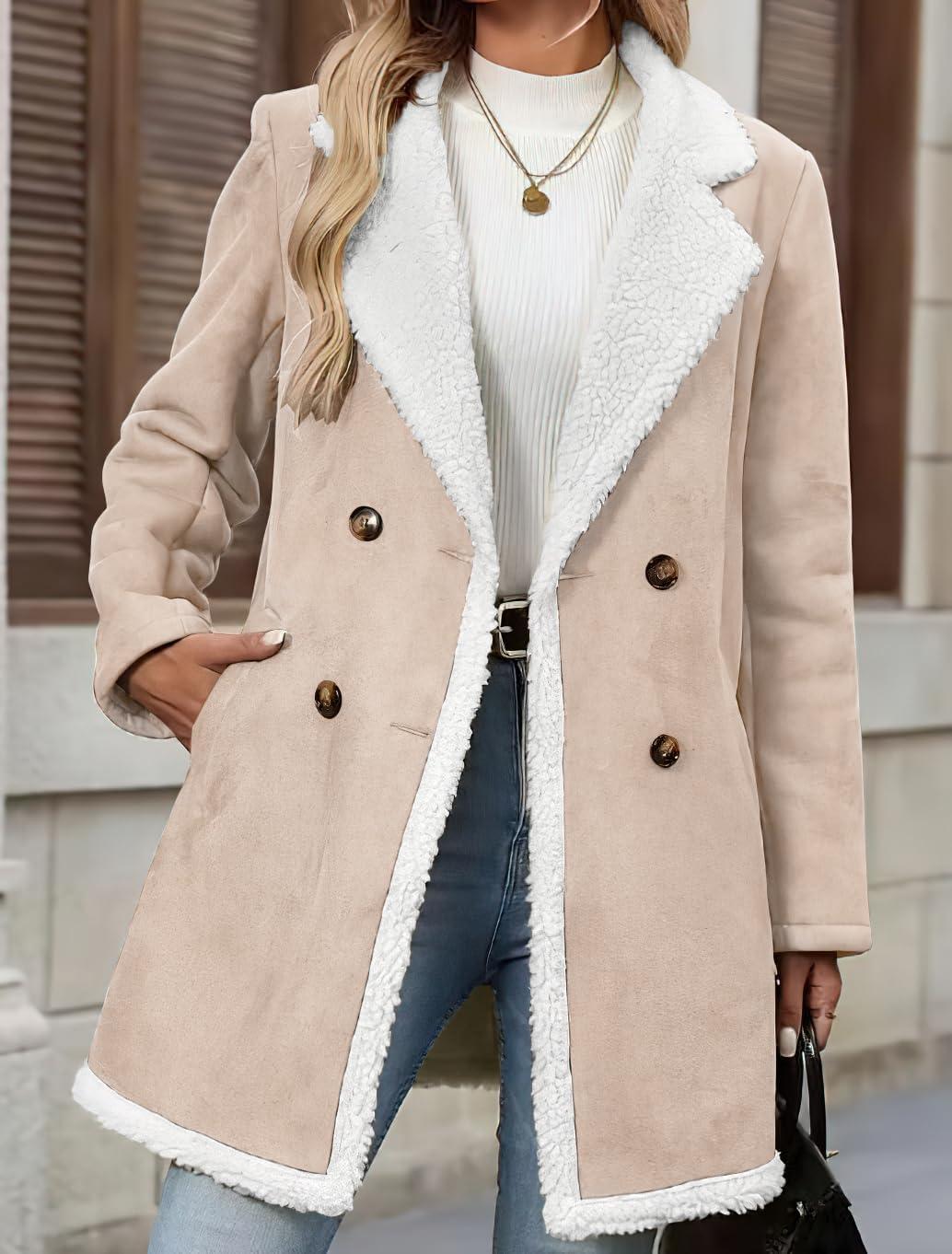 imagechouyatou Womens Winter Notch Lapel Double Breasted Peacoat Sherpa Fleece Lined Faux Suede Jacket CoatLight Khaki