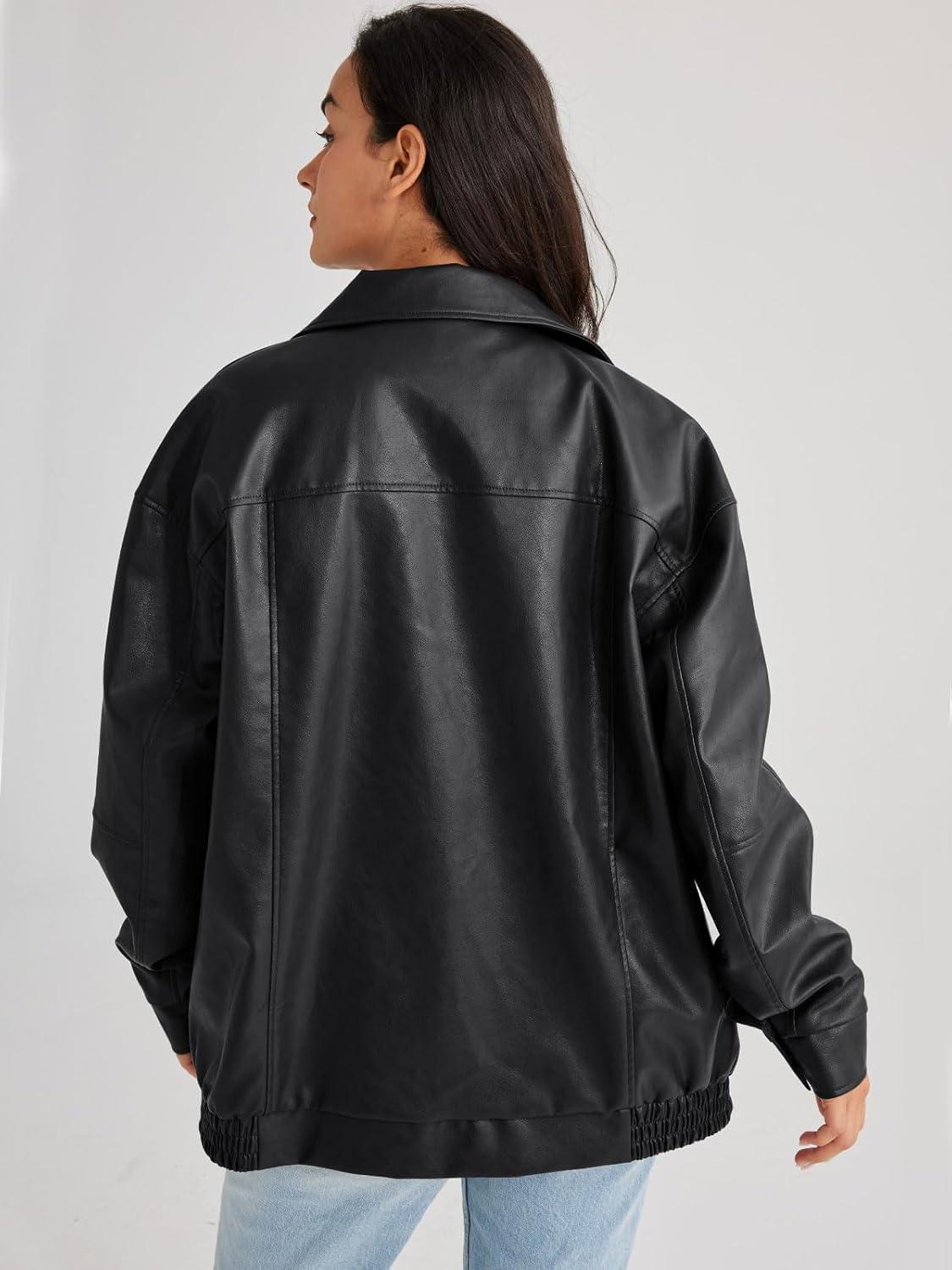 imagehathne Womens Oversized Leather Jackets Faux Zip Up Fall Fashion Motorcycle Jackets Coats Winter ClothesBlack