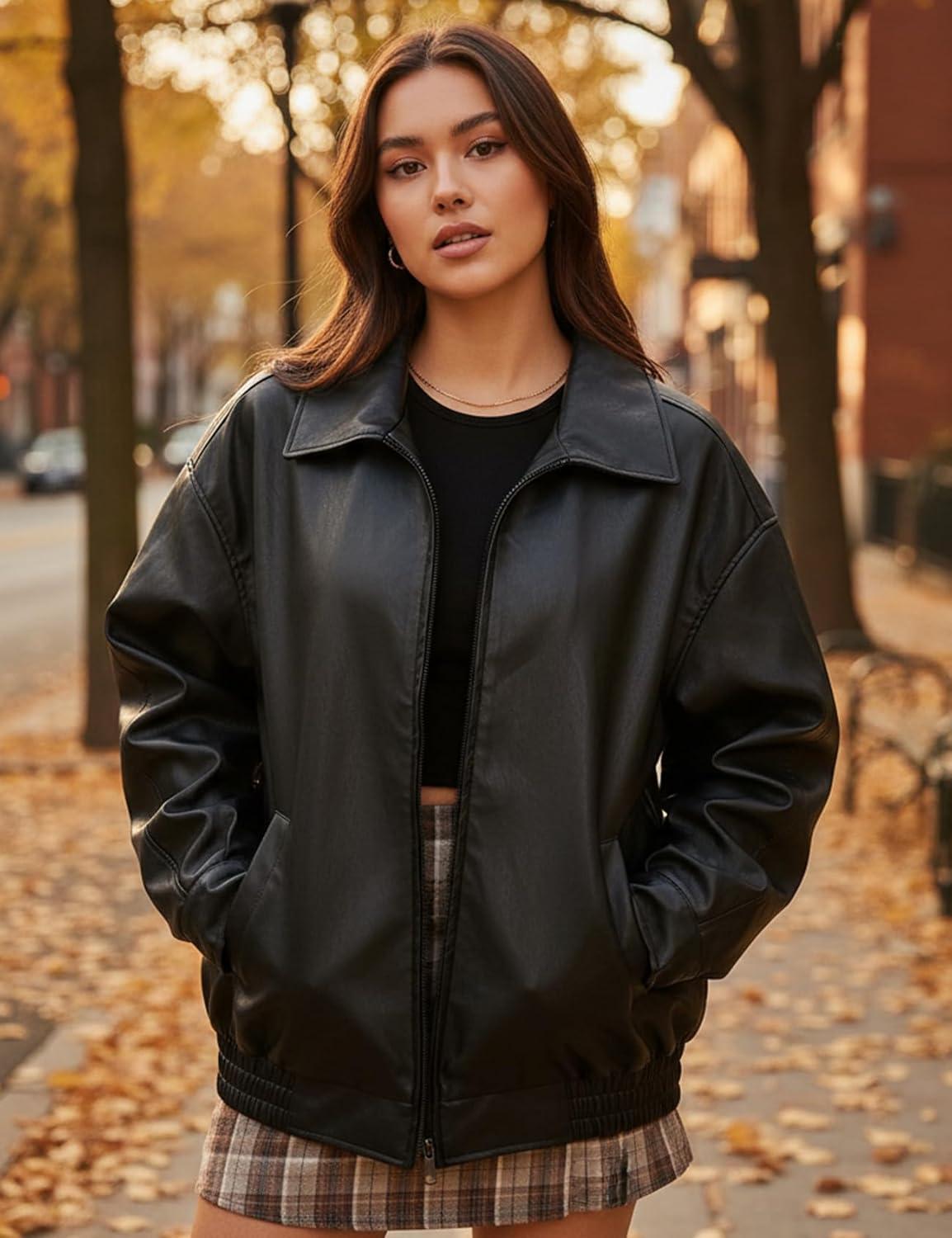 imagehathne Womens Oversized Leather Jackets Faux Zip Up Fall Fashion Motorcycle Jackets Coats Winter ClothesBlack
