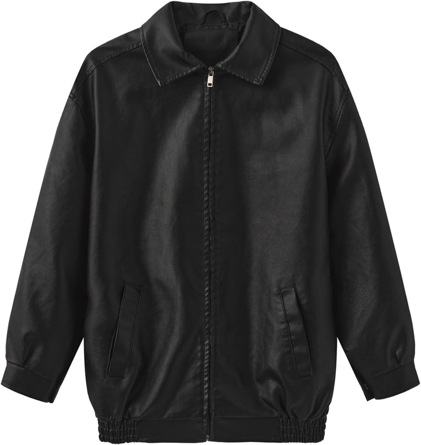 imagehathne Womens Oversized Leather Jackets Faux Zip Up Fall Fashion Motorcycle Jackets Coats Winter ClothesBlack