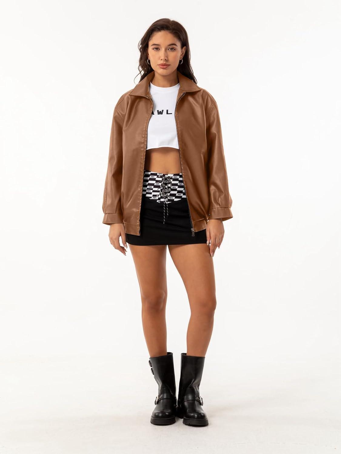 imagehathne Womens Oversized Leather Jackets Faux Zip Up Fall Fashion Motorcycle Jackets Coats Winter ClothesCamel