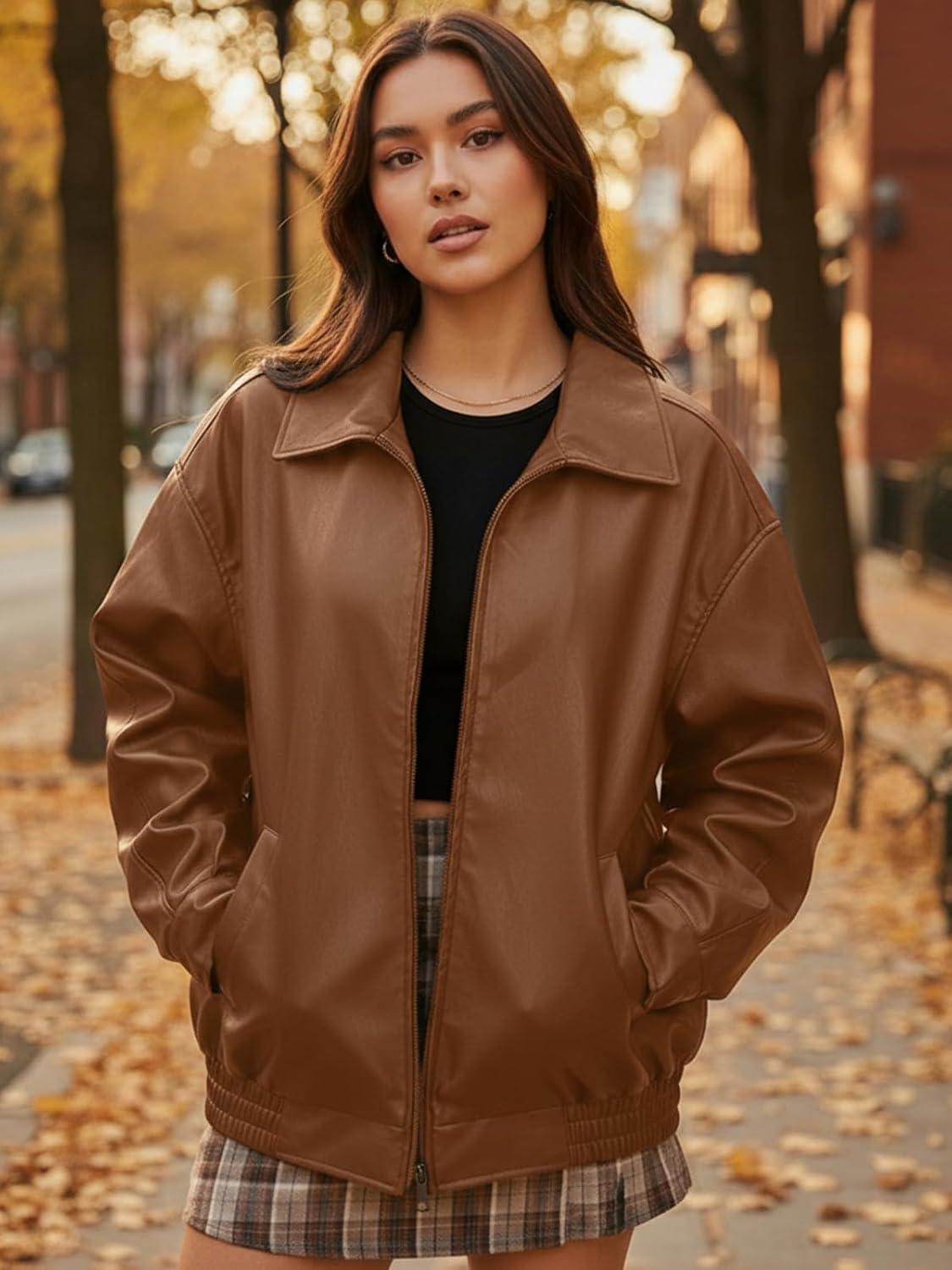 imagehathne Womens Oversized Leather Jackets Faux Zip Up Fall Fashion Motorcycle Jackets Coats Winter ClothesCamel