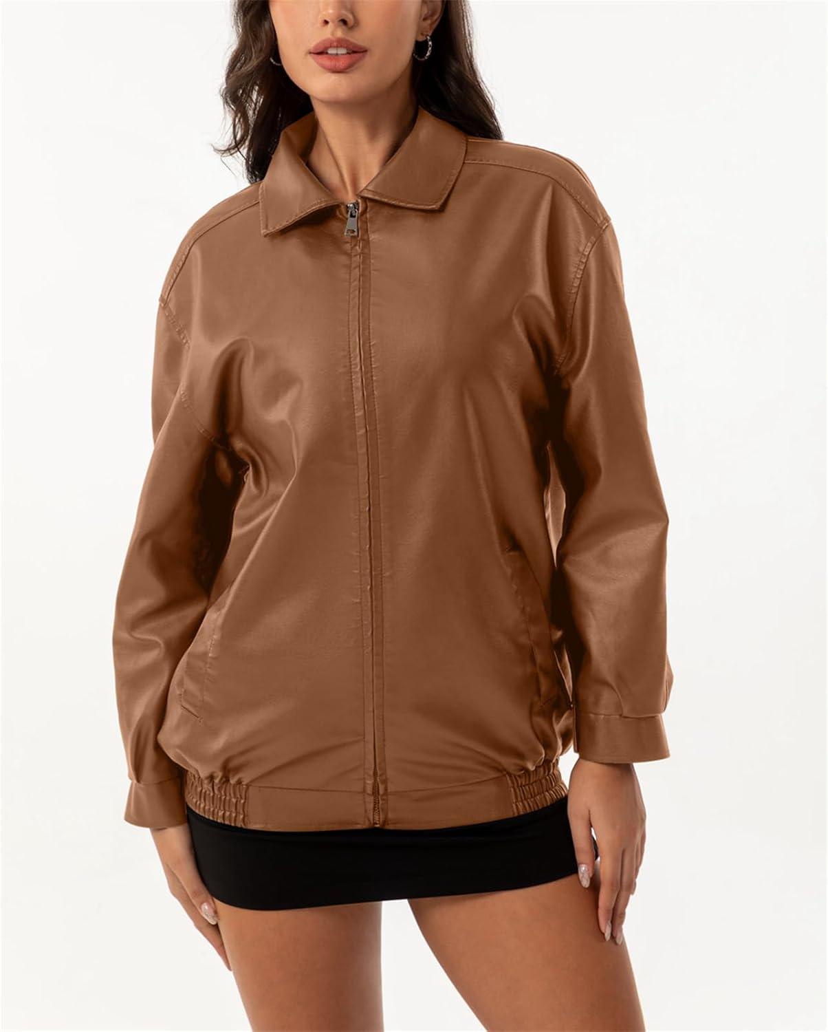 imagehathne Womens Oversized Leather Jackets Faux Zip Up Fall Fashion Motorcycle Jackets Coats Winter ClothesCamel