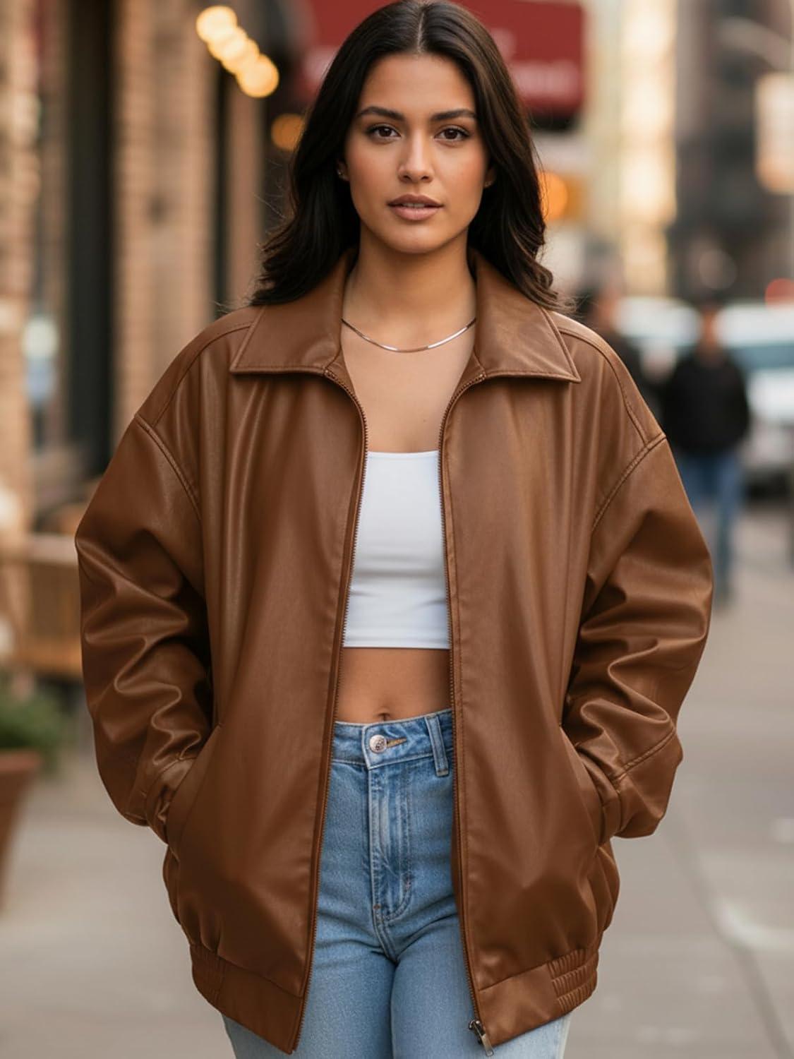 imagehathne Womens Oversized Leather Jackets Faux Zip Up Fall Fashion Motorcycle Jackets Coats Winter ClothesCamel