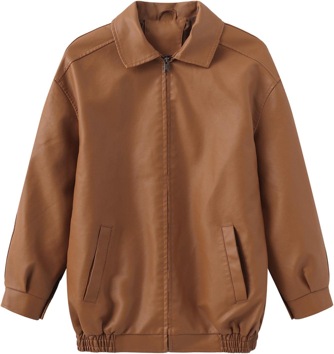 imagehathne Womens Oversized Leather Jackets Faux Zip Up Fall Fashion Motorcycle Jackets Coats Winter ClothesCamel
