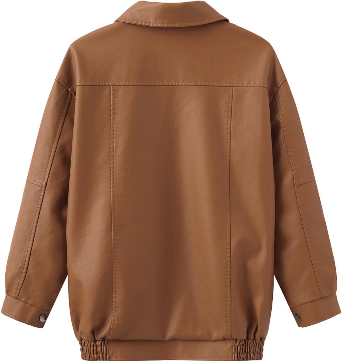 imagehathne Womens Oversized Leather Jackets Faux Zip Up Fall Fashion Motorcycle Jackets Coats Winter ClothesCamel