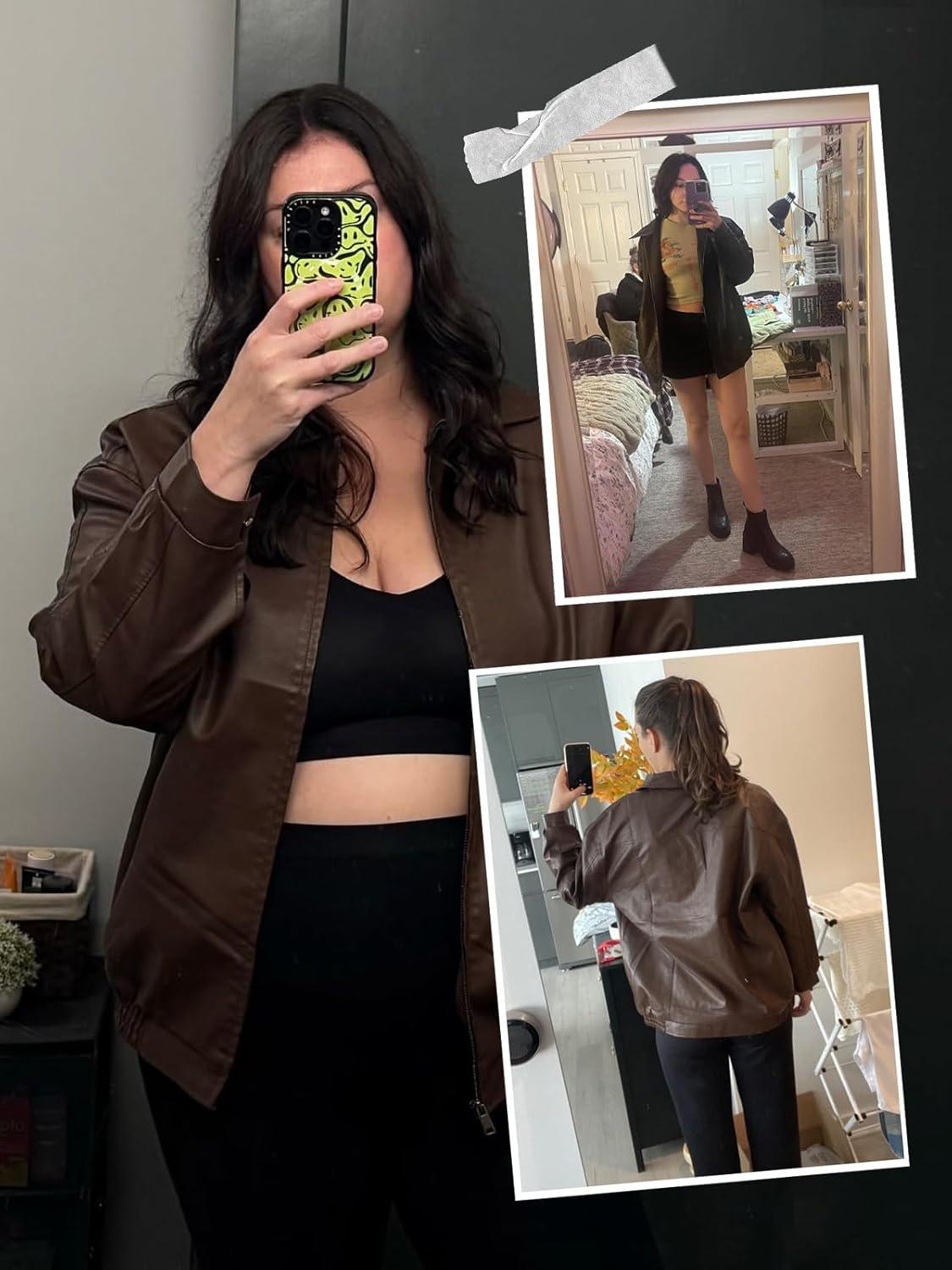 imagehathne Womens Oversized Leather Jackets Faux Zip Up Fall Fashion Motorcycle Jackets Coats Winter ClothesCoffee